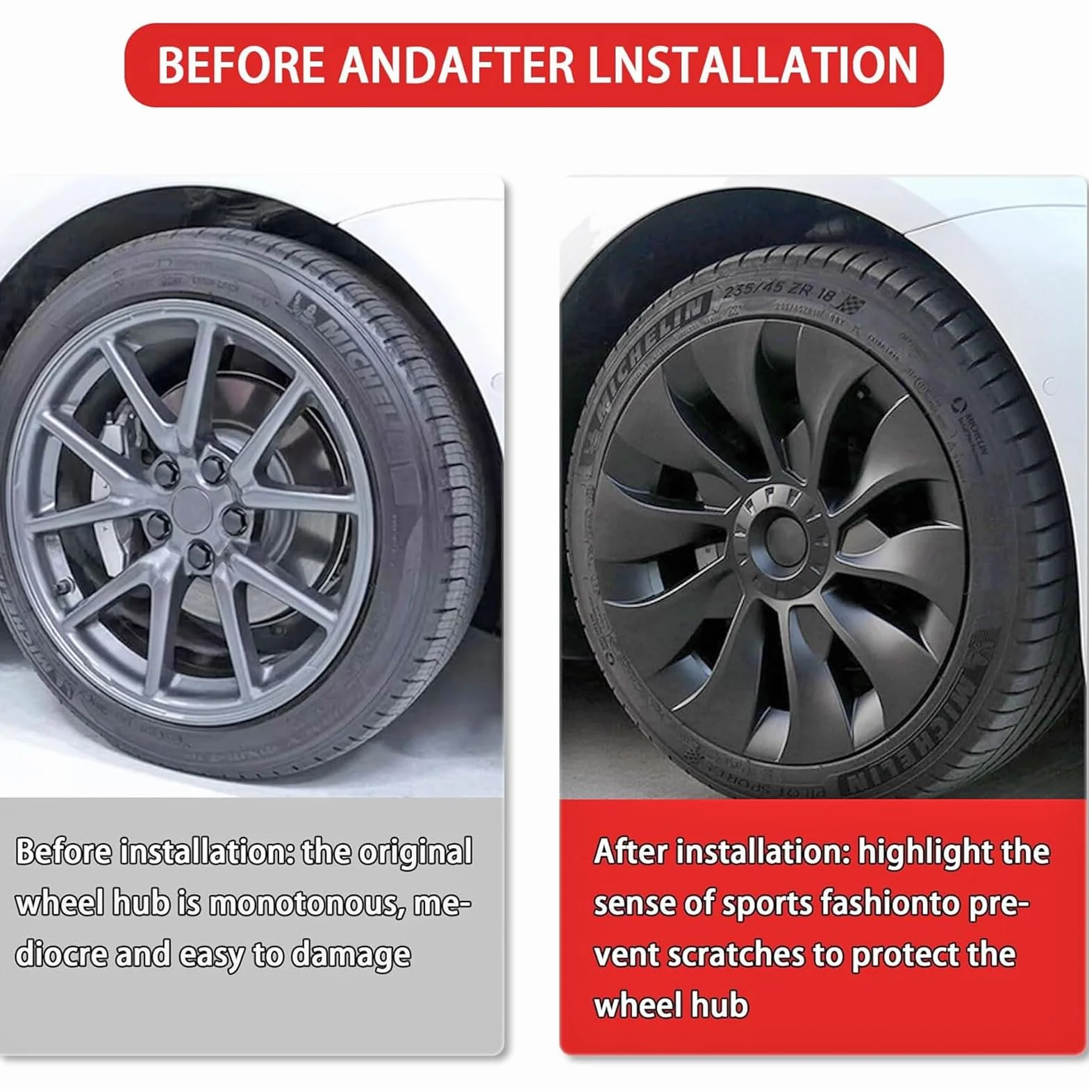 KAVANIC Tesla Model 3 Copriruota 18 Pollici Nero Opaco Supporto Logo Miglioramento Gamma 4 Pezzi Uberturbine Stile 2017-2023