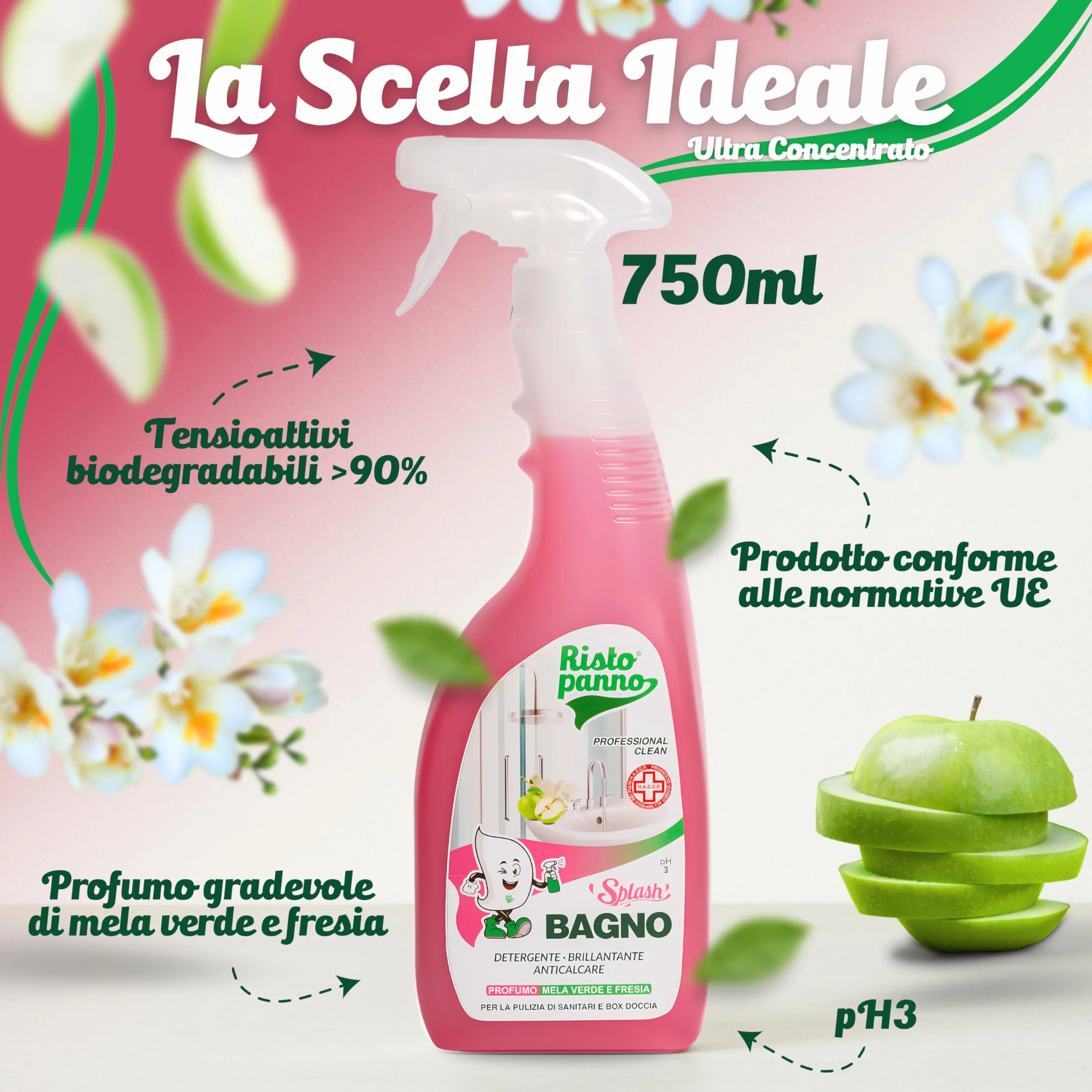 RISTOPANNO Detergente Anticalcare Spray Multiuso Professionale 750ml - Pulizia Doccia Rubinetteria Sanitari