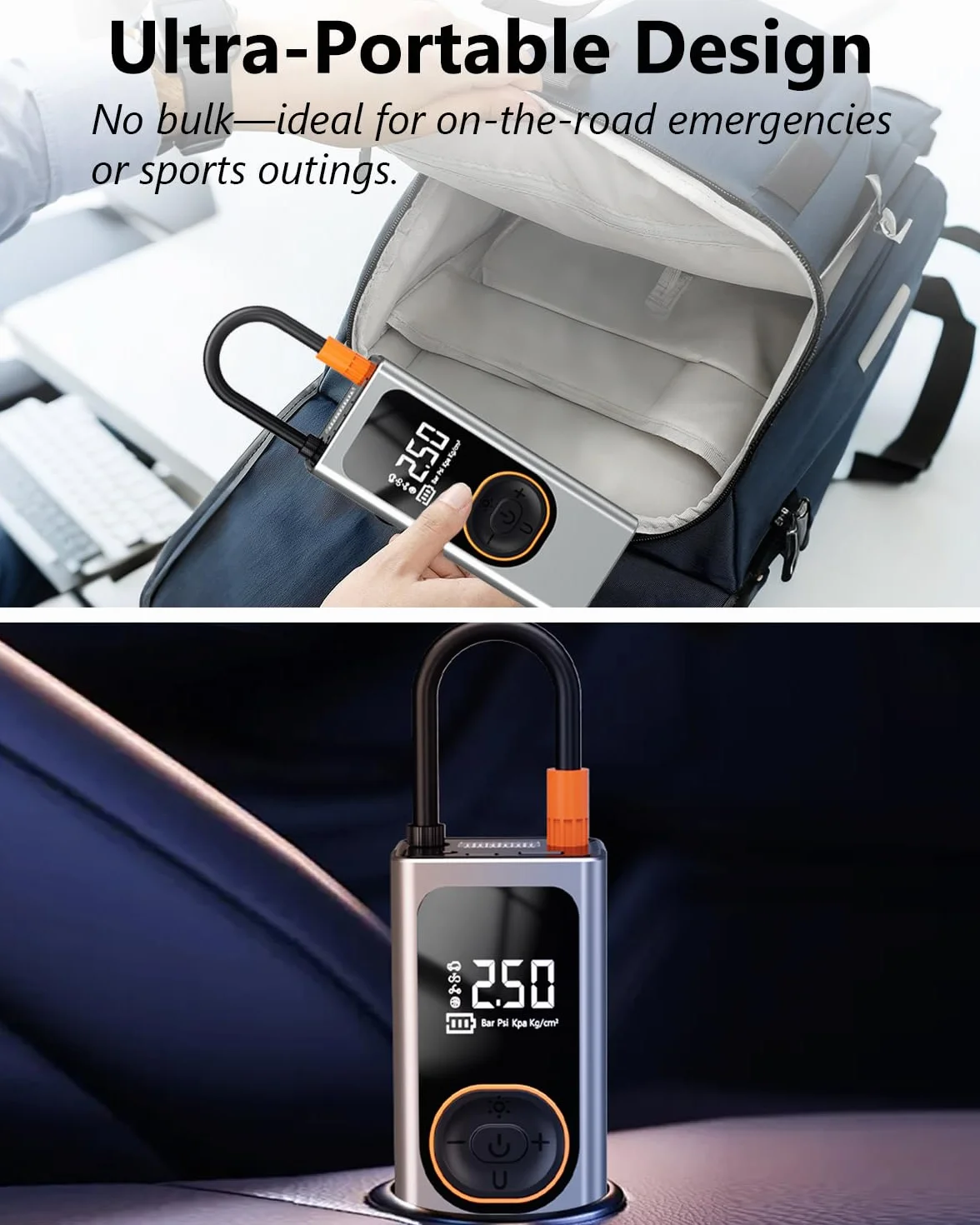 Compressore Aria Portatile 150 PSI Pompa Elettrica Multifunzione con Schermo LCD e Power Bank 6000mAh Mini Gonfiatore per Auto