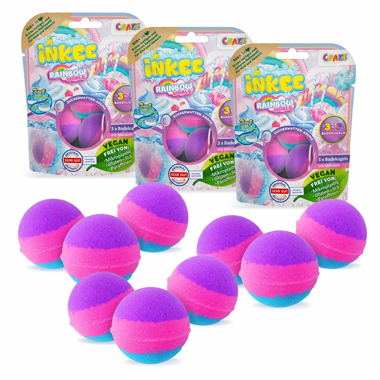 INKEE 9 Palle da Bagno per Bambini Bombe da Bagno Colorate 3 Strati Rosa Viola Blu Zucchero Filato Olio di Argan