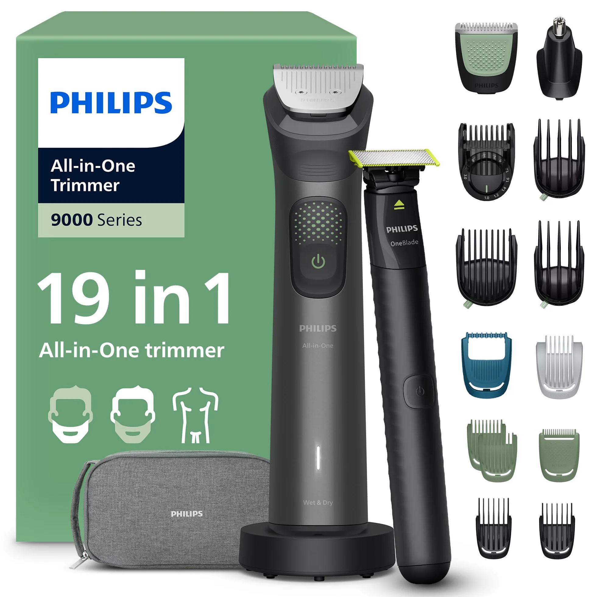 Philips Serie 9000 Multigroom 19 w 1 MG9556/15 - OneBlade Trymer do twarzy, głowy i ciała, 27 ustawień długości (0,2-20 mm)