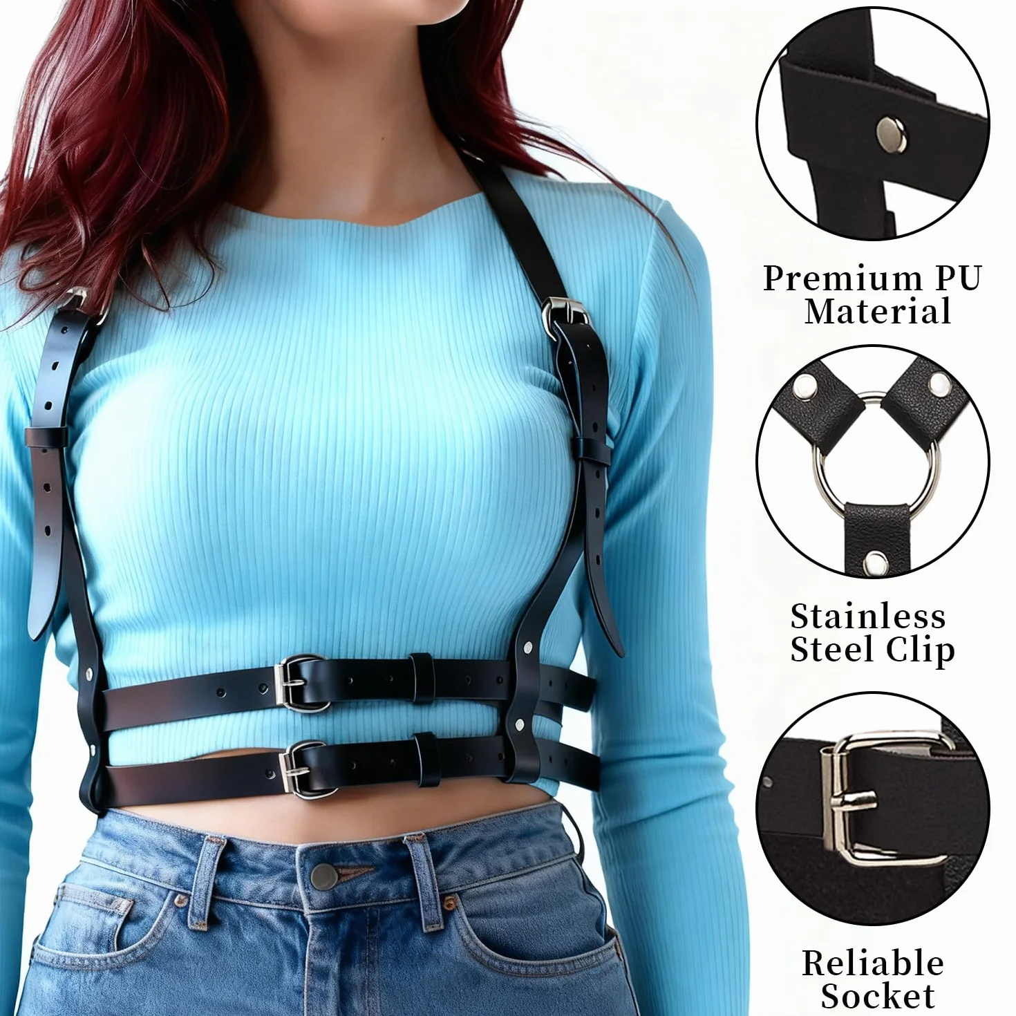 Cintura a catena in pelle punk regolabile per donna torace cosplay sexy