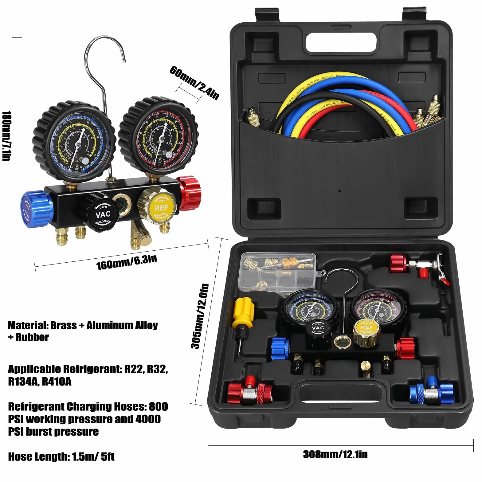Weytoll Kit Ricarica Aria Condizionata Auto 1.5m Tubi Manometro Doppio Valore 4 Vie Refrigerante R22 R134a R410a