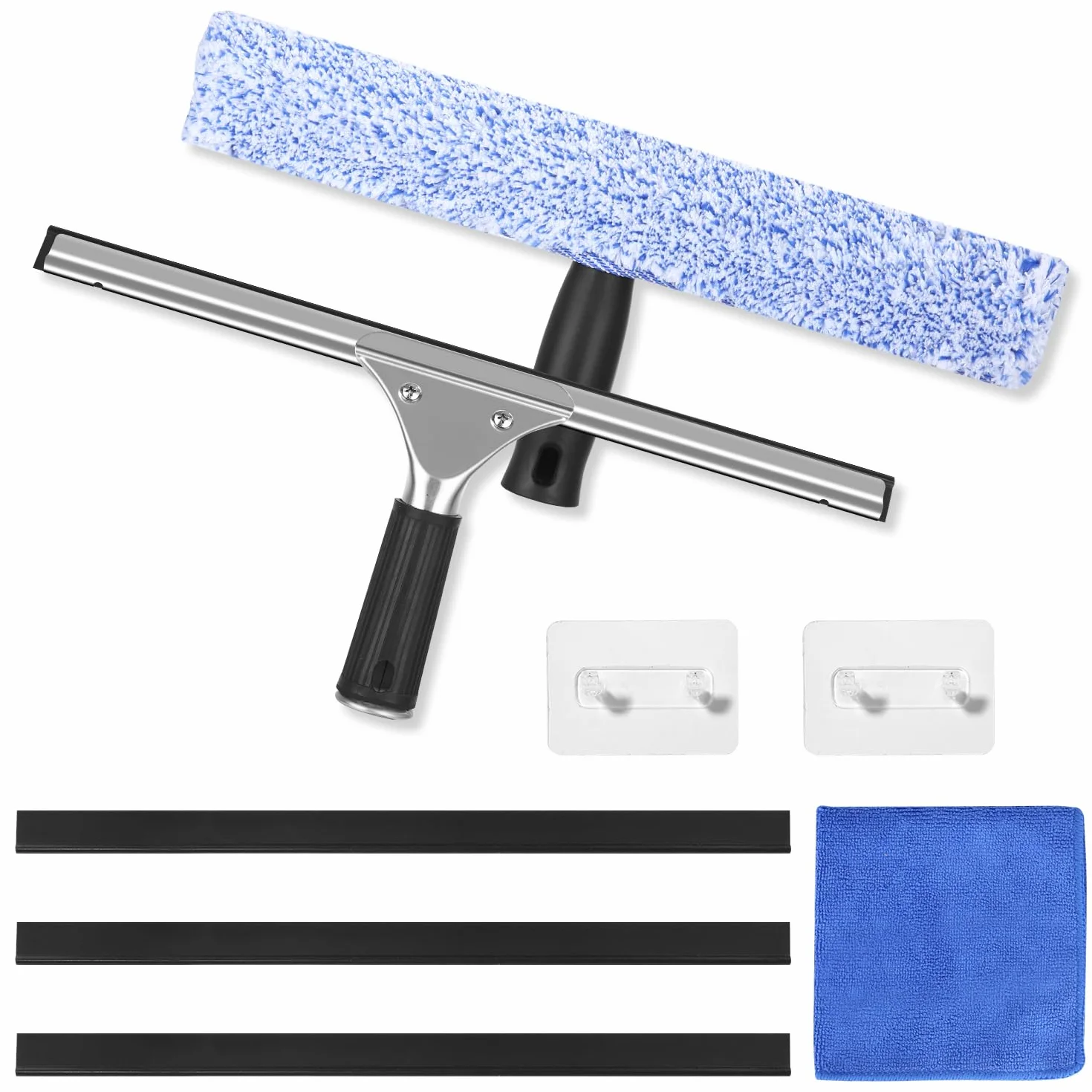 Kit Lavavetri Professionale 8 Pezzi, 35cm Tergivetro Acciaio Inox e Silicone, Pulizia Finestre con Ganci