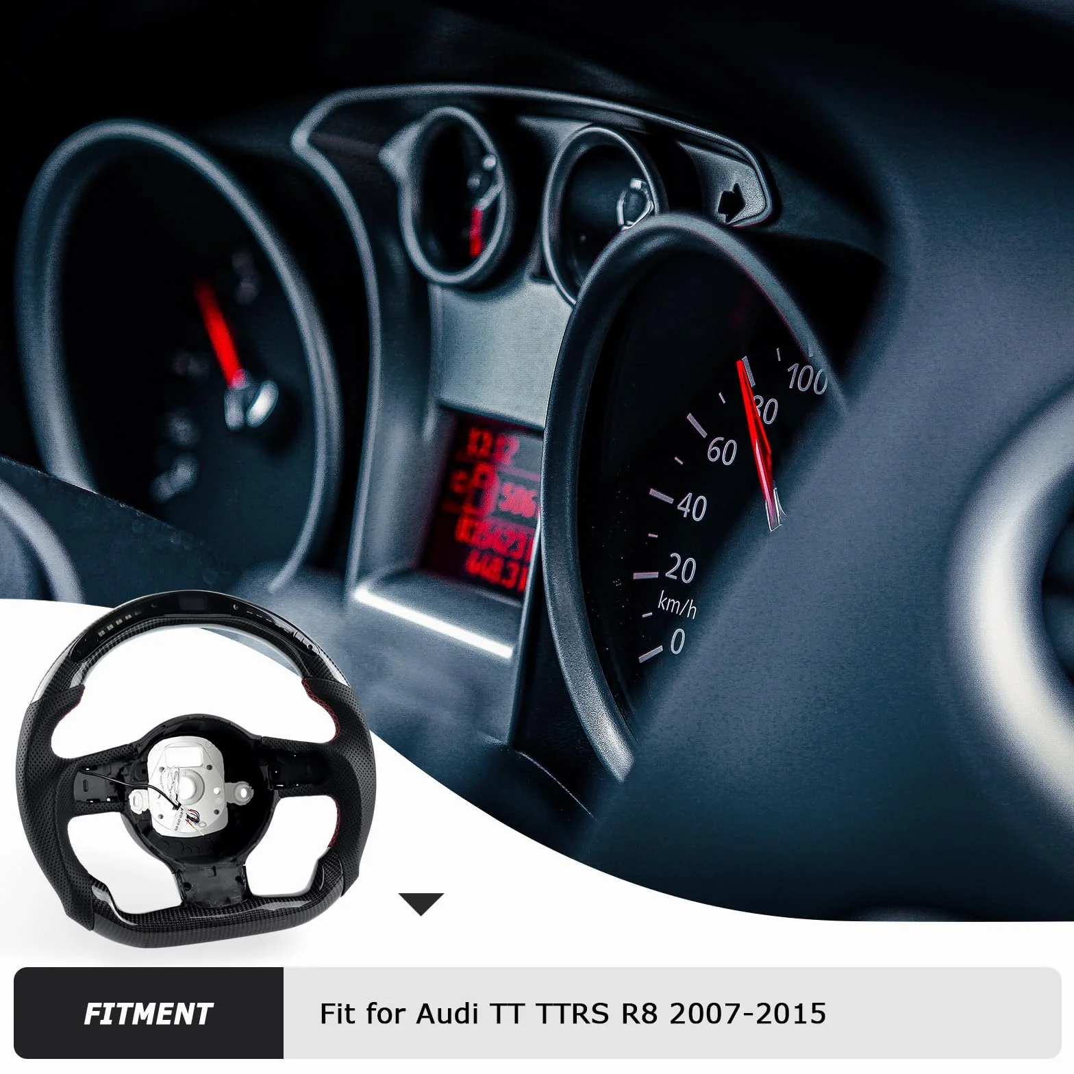 Volante in fibra di carbonio per Audi TT TTRS R8 2007-2015, fondo piatto, LED, pelle traforata