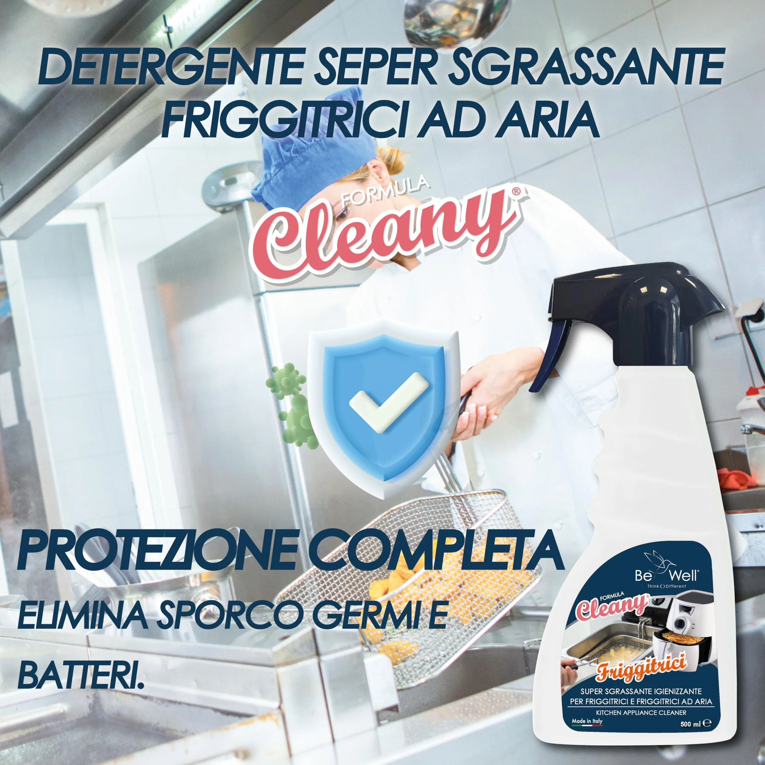 CLEANY Detergente Professionale Spray per Friggitrici, Sgrassante Igienizzante, 500 ml, Made in Italy