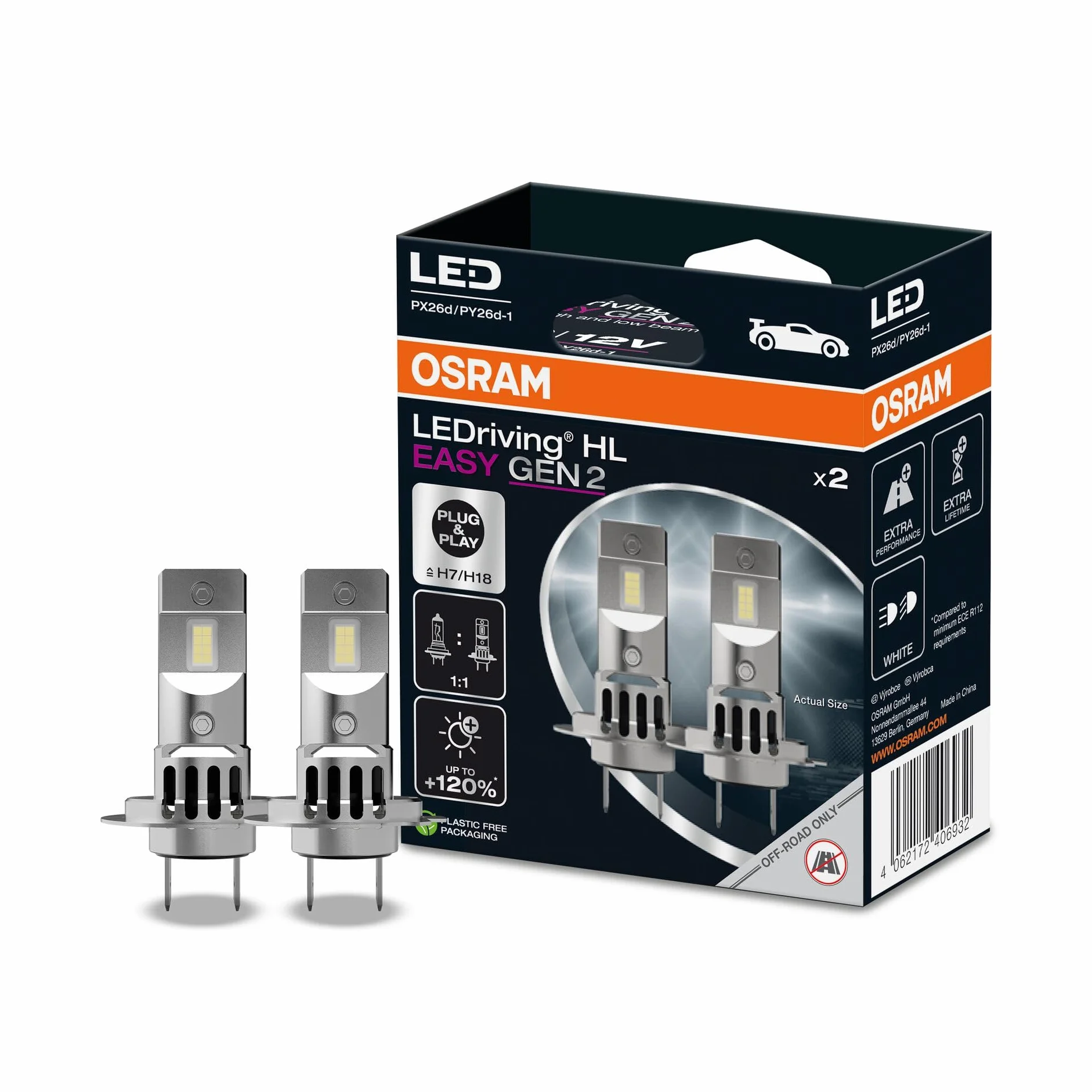 OSRAM LEDriving HL EASY GEN 2 H7 H18 lampada LED abbaglianti anabbaglianti bianco freddo 6500K 2 lampade