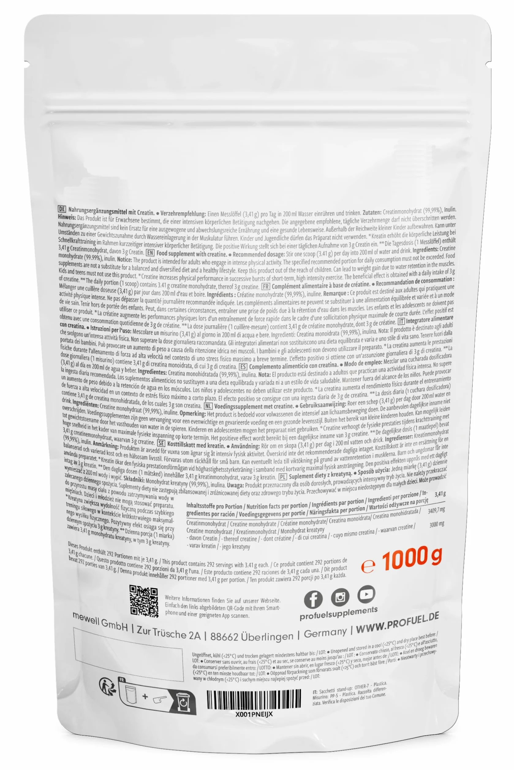 Creatina monoidrata polvere 1kg micronizzata pura vegana