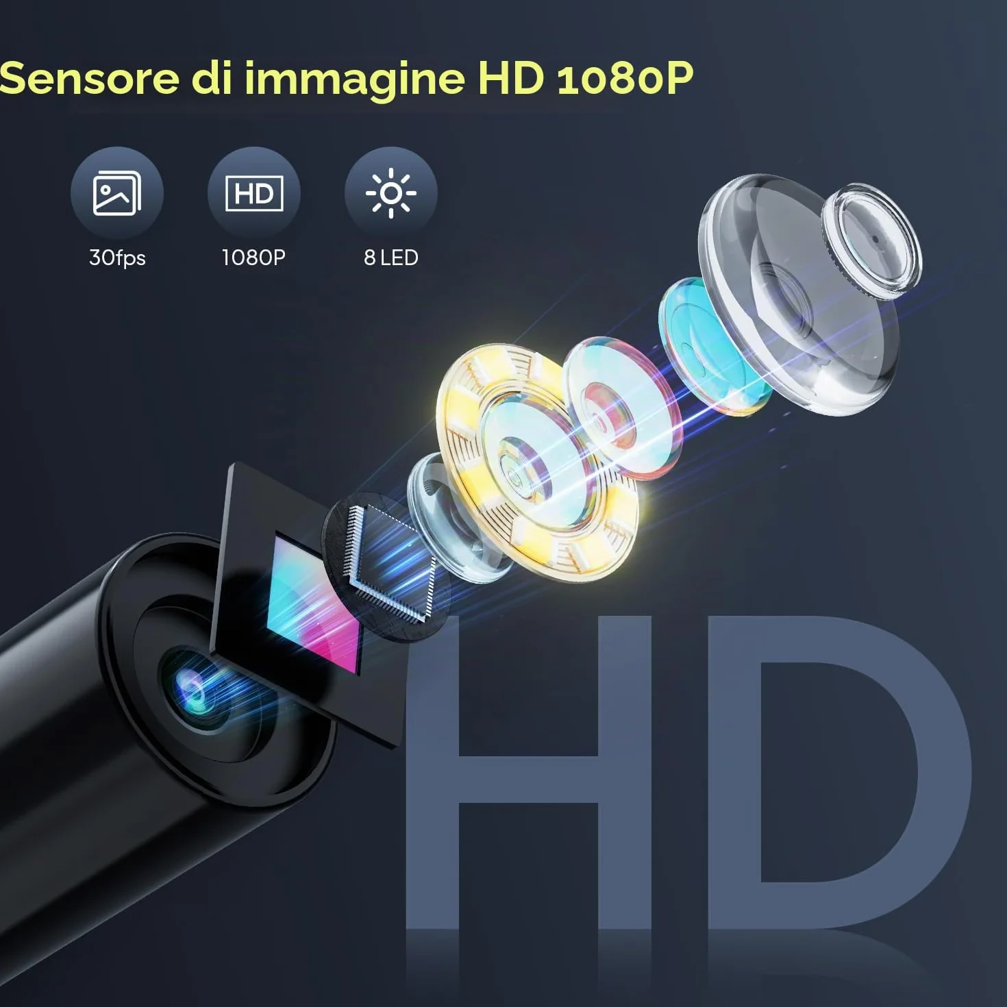 Endoscopio Industriale Qimic 2.4" IPS 1080P HD Sonda Ispezione IP67 Cavo Semirigido 5M