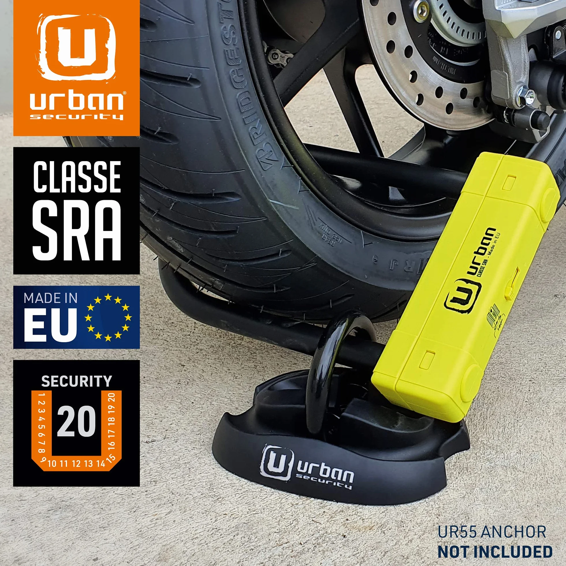 URBAN UR120220 Lucchetto a U per Moto Massima Sicurezza Omologato SRA, Arco ø18 Acciaio Temprato Doppio Blocco, Più Visibile, Antifurto a U lock 120x220mm Più Versatile per Blocco Pneumatico Moto