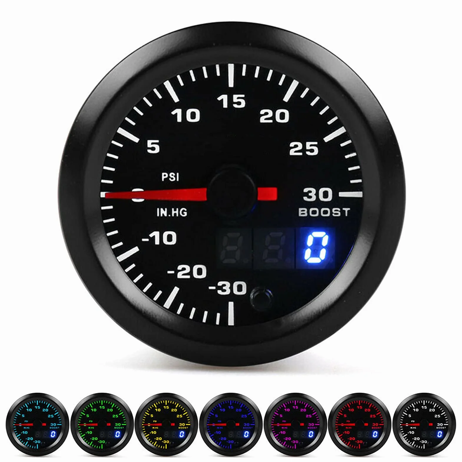 Misuratore di Pressione Turbo Boost LED Universale 2 Pollici/52 Mm a 7 Colori PSI con Display Digitale e Puntatore - Ideale per Pressione Turbo, Monitoraggio Boost