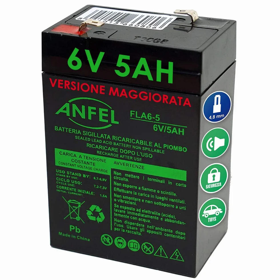 Batteria Gel di Piombo per: Moto,quads, Veicoli tipo PegPerego auto moto 6V 5Ah (sostituisce Anche 4Ah 4,5Ah)