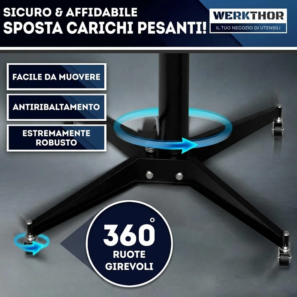 WERKTHOR Sollevatore per ingranaggi 500 kg idraulico regolabile 113-195 cm motore officina arrotolabile 4 ruote pedale nero