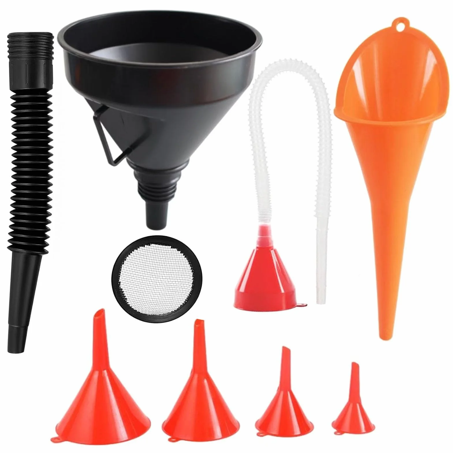 Imbuto Olio Motore 7 Pezzi, Benzina Imbuti Plastica Travasatore Becco Lungo Universale Kit con Filtro e Tubo Flessibile