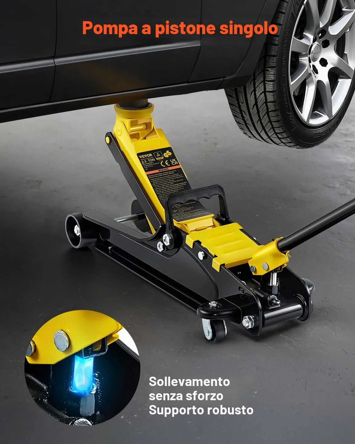 VEVOR Martinetto Idraulico a Pavimento in Acciaio 2,5 Tonnellate Altezza Regolabile 85-380mm