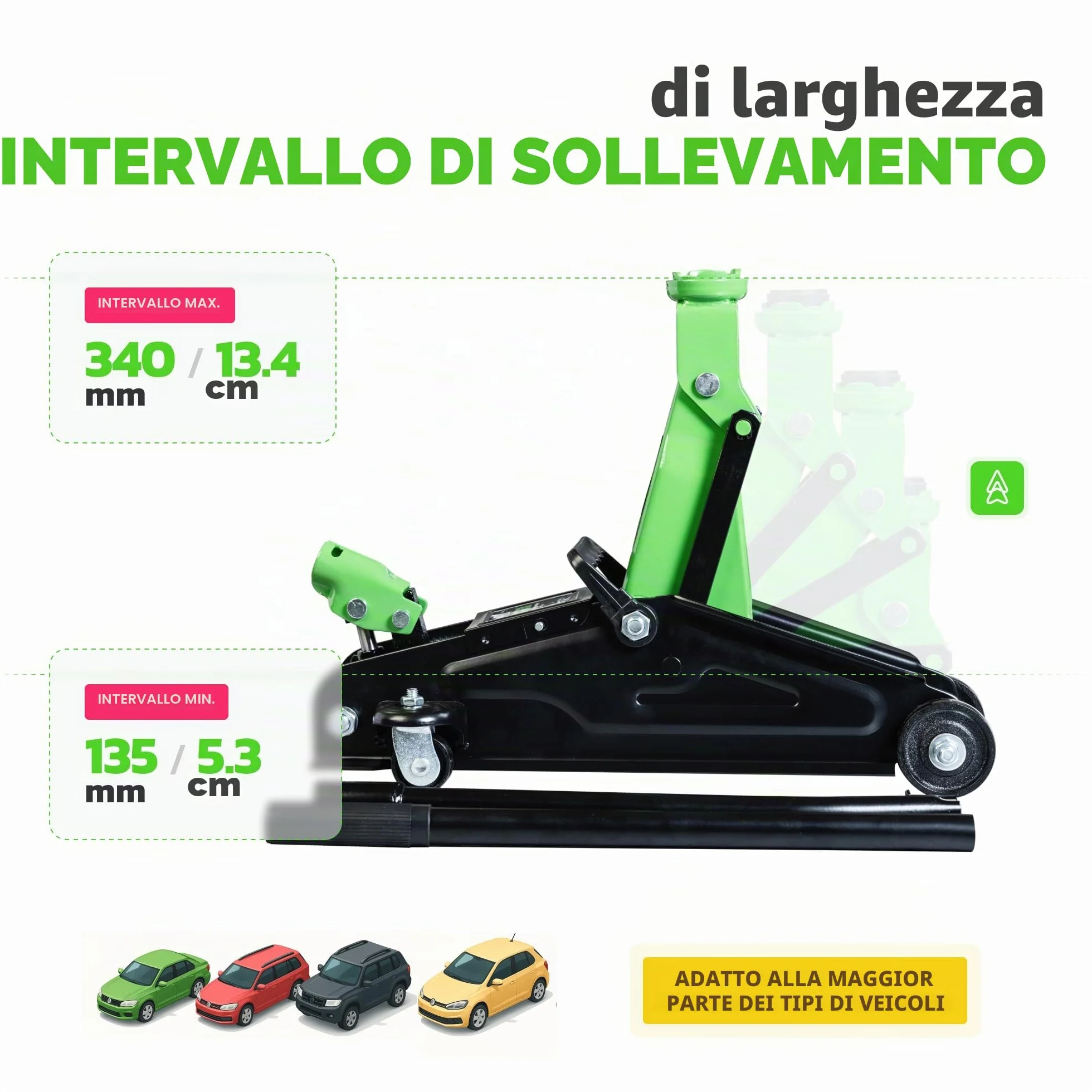 Martinetto idraulico a carrello 2 tonnellate con valigetta, intervallo sollevamento 13,5-34 cm per auto SUV