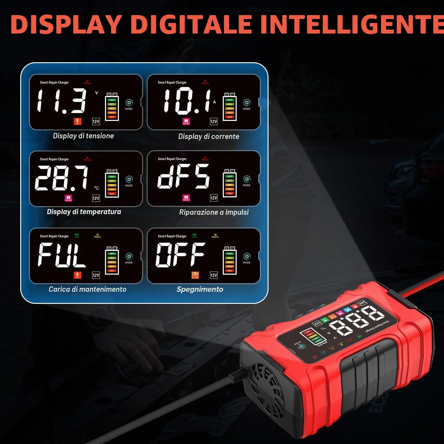 Carica Batteria per Auto 10A 12V/24V Caricabatterie Mantenitore con Riparazione per AGM GEL Wet SLA LiFePO4