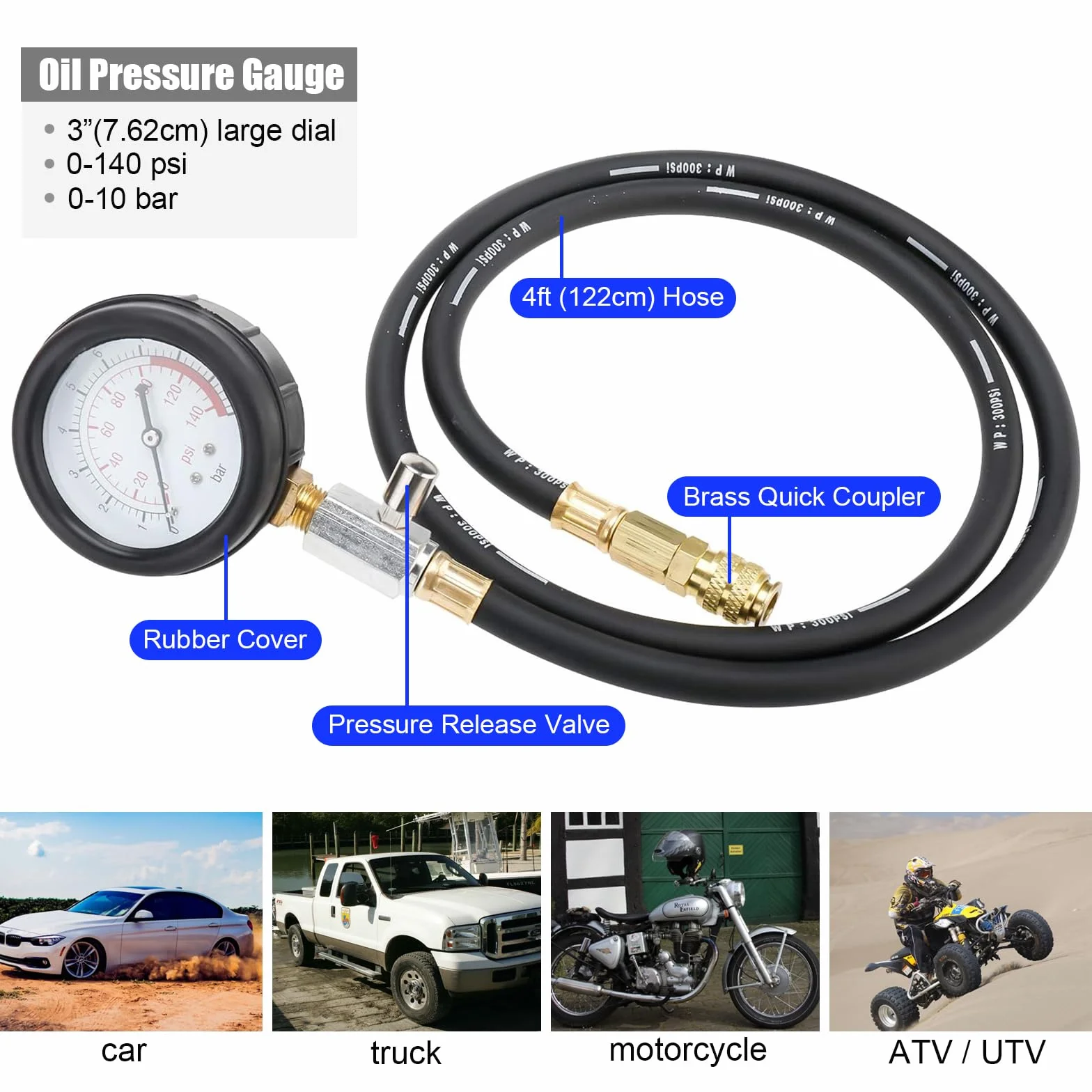 FreeTec Tester Pressione Olio, 0-140 PSI Manometro Pressione Olio Motore, Kit Misurazione Pressioni Oli, Attrezzo Prova Pressioni Oli Auto con Tubo e Adattatori per VW BMW Opel Ford Fiat (Blu)