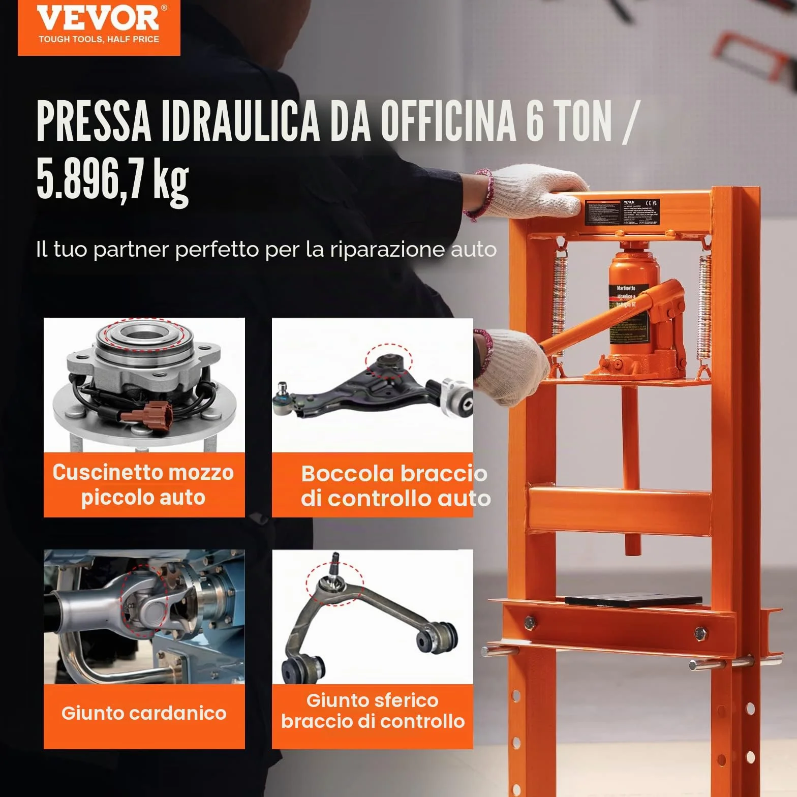 VEVOR Pressa Idraulica a Pavimento 6 Tonnellate Officina Manuale Corpo Acciaio Carbonio Altezza Regolabile 55-250 mm
