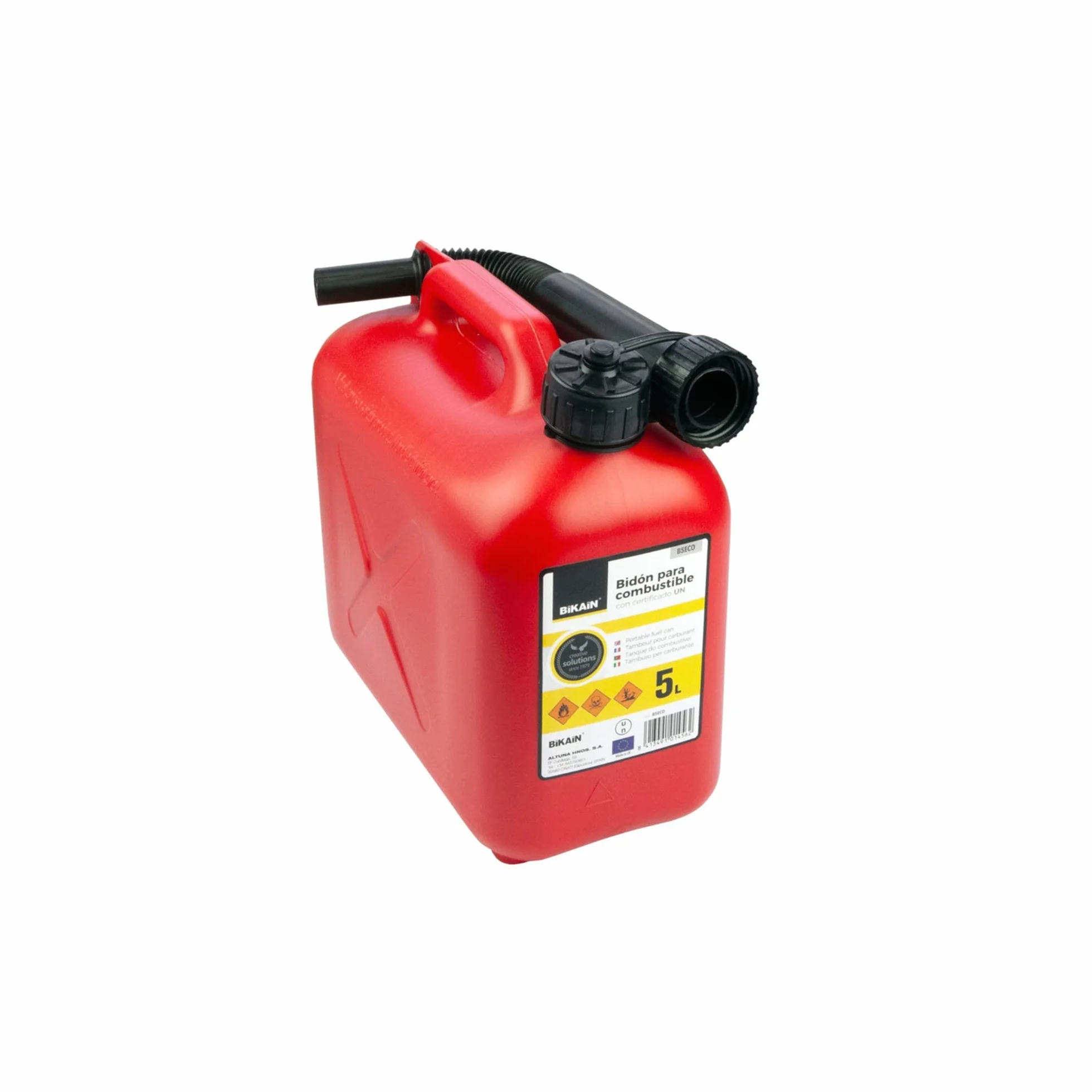 Tanica Benzina - 5 Litri - Realizzata in Polietilene - Taniche Carburante Resistente agli Additivi dei Combustibili - con Tubo Flessibile - Certificata Un - Modello B5ECO - Bikain