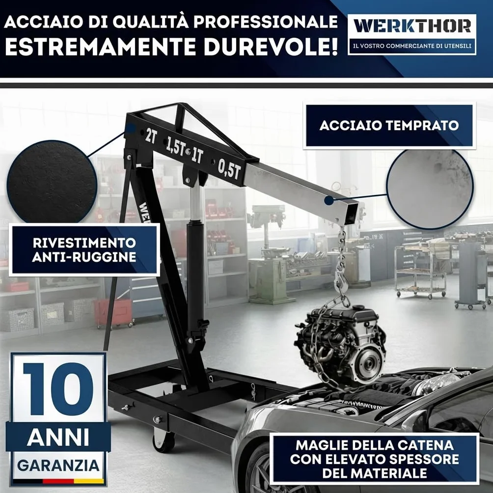 Gru da officina 500 kg idraulica non pieghevole a motore per auto nera con 4 ruote e catena di bilanciamento