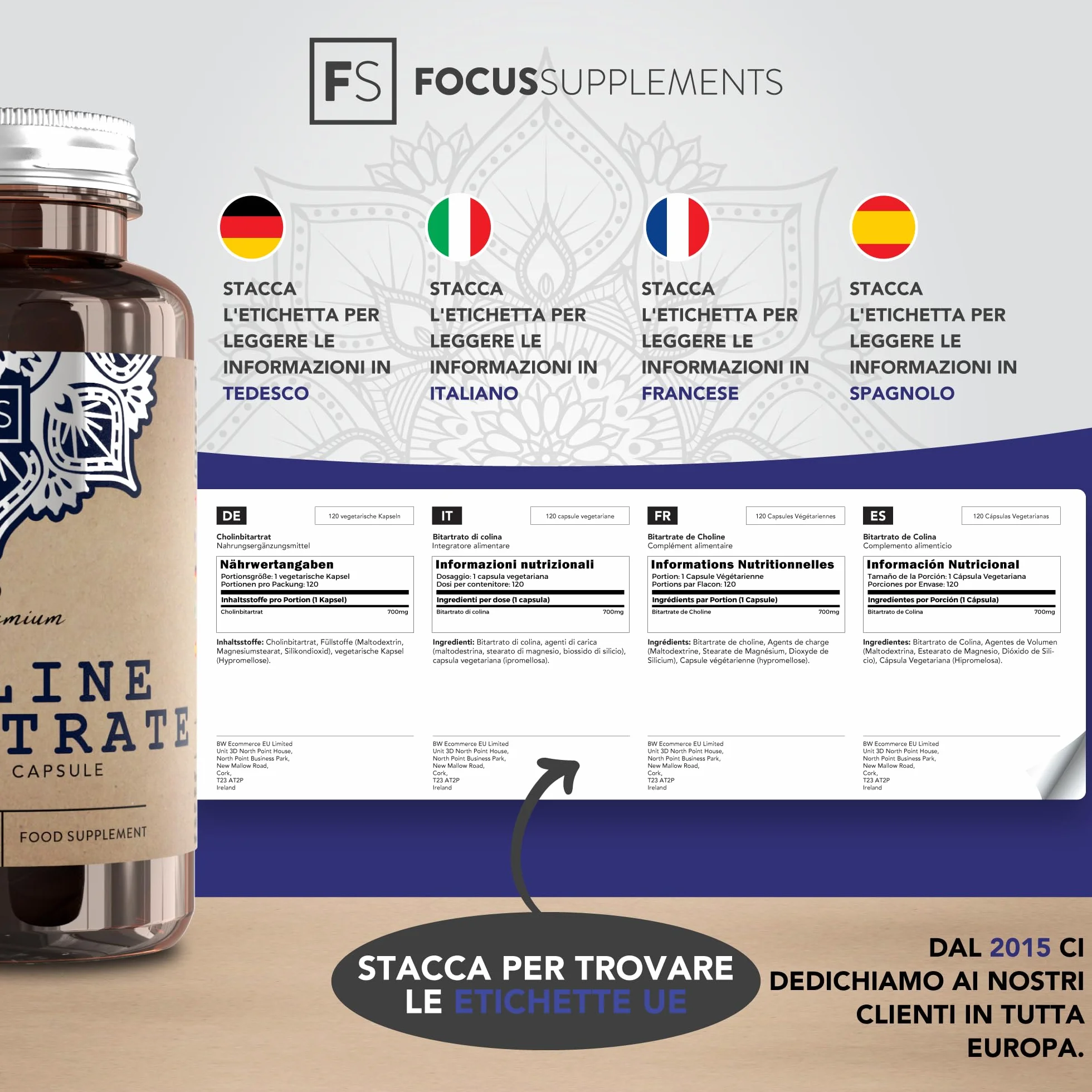 FS Colina 120 Choline Capsule 700mg Colina Bitartrato Integratore Non-OGM Senza Glutine