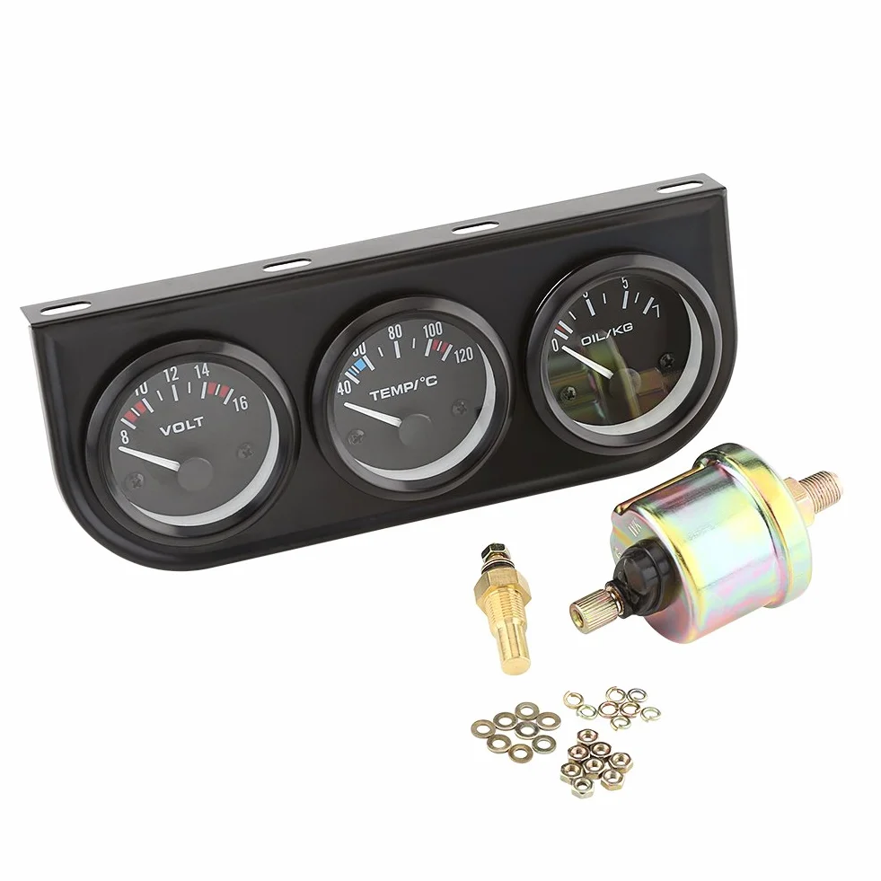 Qiilu 12V 3 in 1 Misuratore temperatura di Acqua Manometro olio Sensore di temperatura sensore di pressione acciaio inossidabile Nero