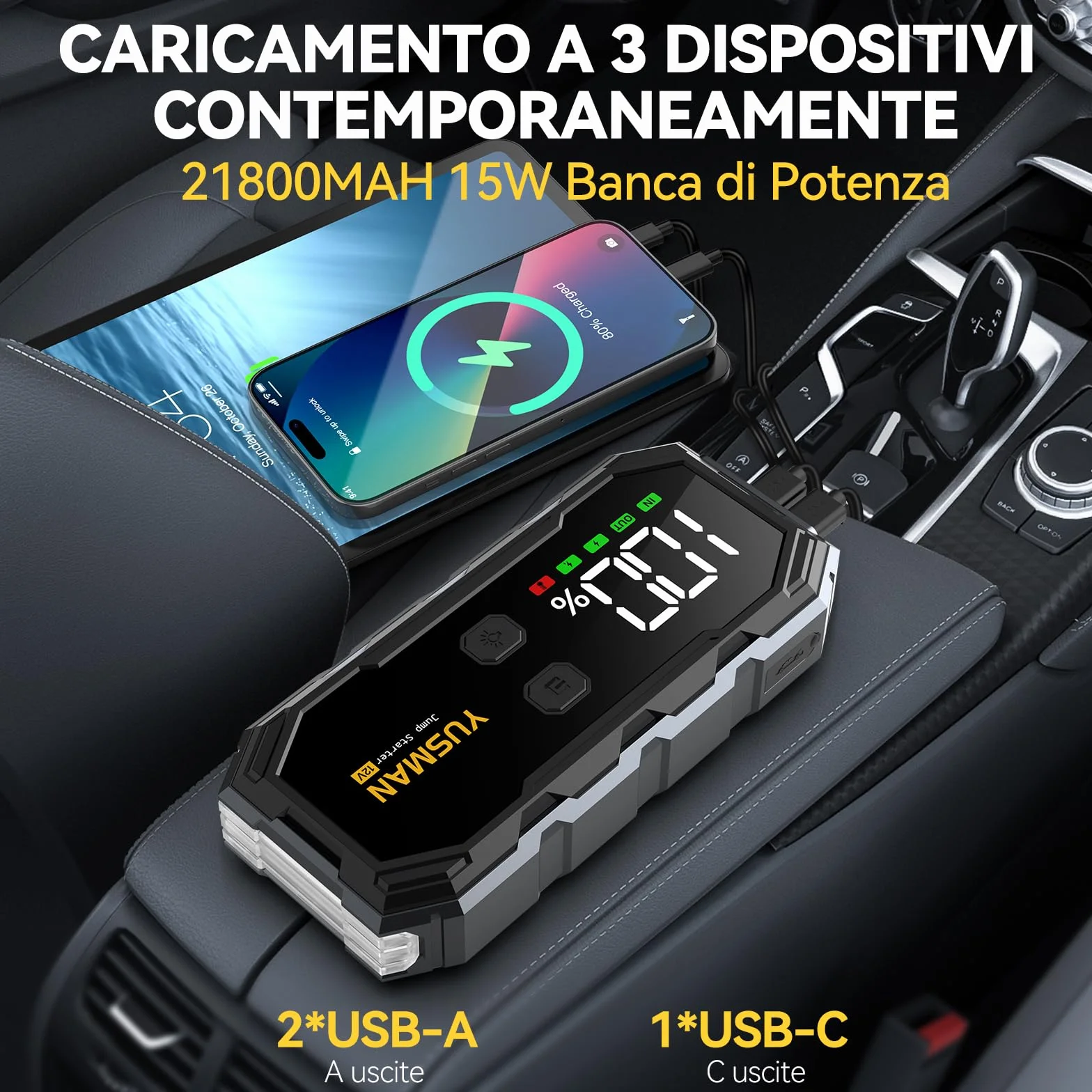 YUSMAN Avviatore Batteria Auto 9000A, 12V Booster Avviamento Portatile per Auto fino a 10.0L, Jump Starter con Cavi Intelligenti, Power Bank USB-C