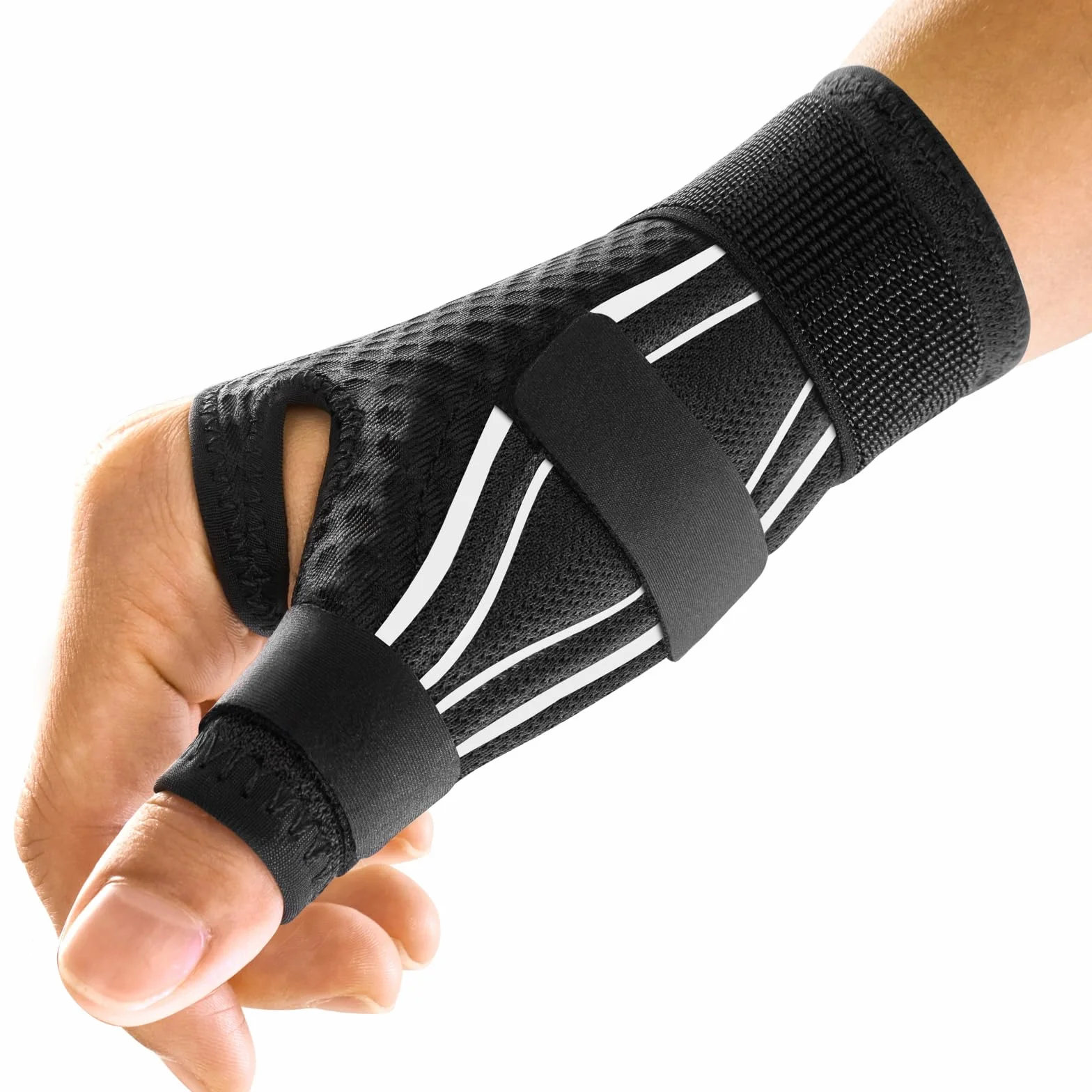 FREETOO Tutore Pollice Destro e Sinistro Ergonomico per Tendinite, Rizoartrosi, Dito a Scatto, Sindrome di De Quervain, Frattura, Distorsione (S/M Bianco/Nero)