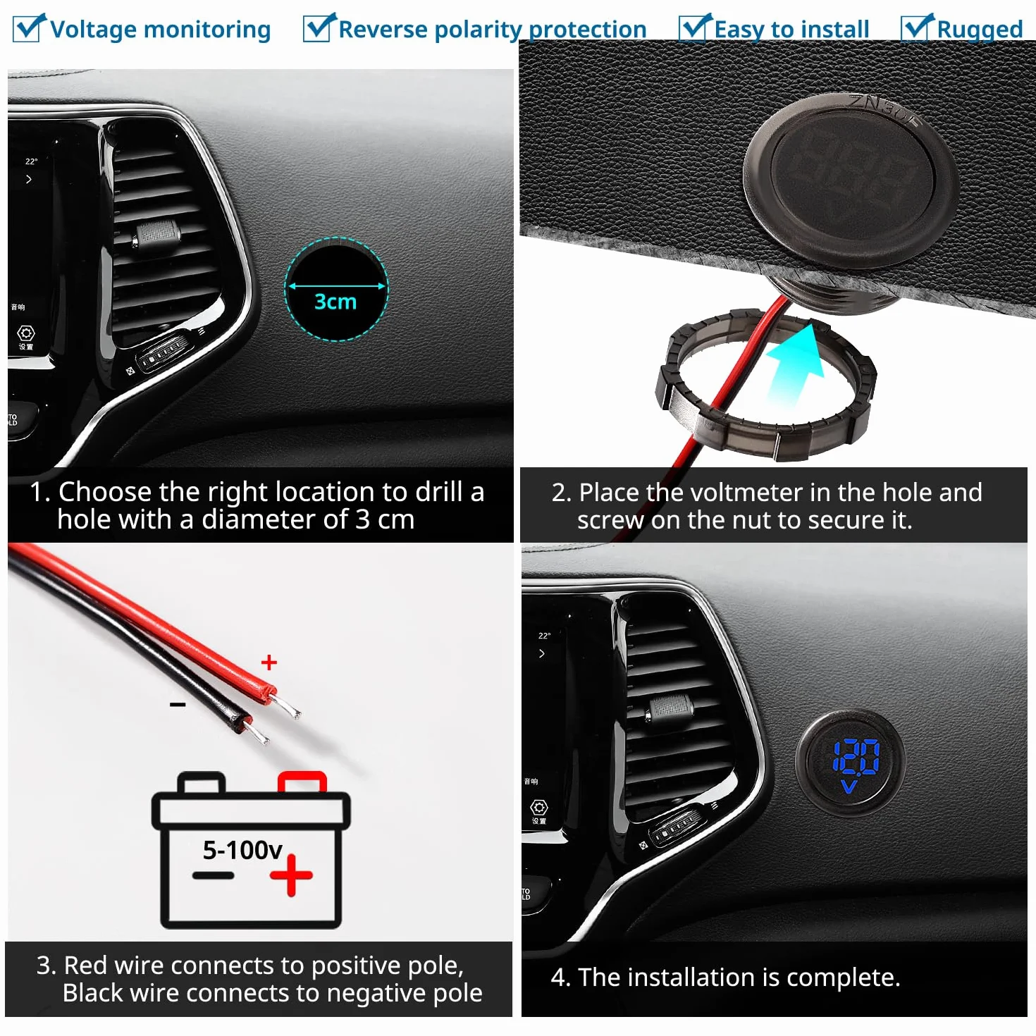 Voltmetro Impermeabile DC Digitale 5V-100V LED Display a Due Fili, per Auto Moto Barca Camper