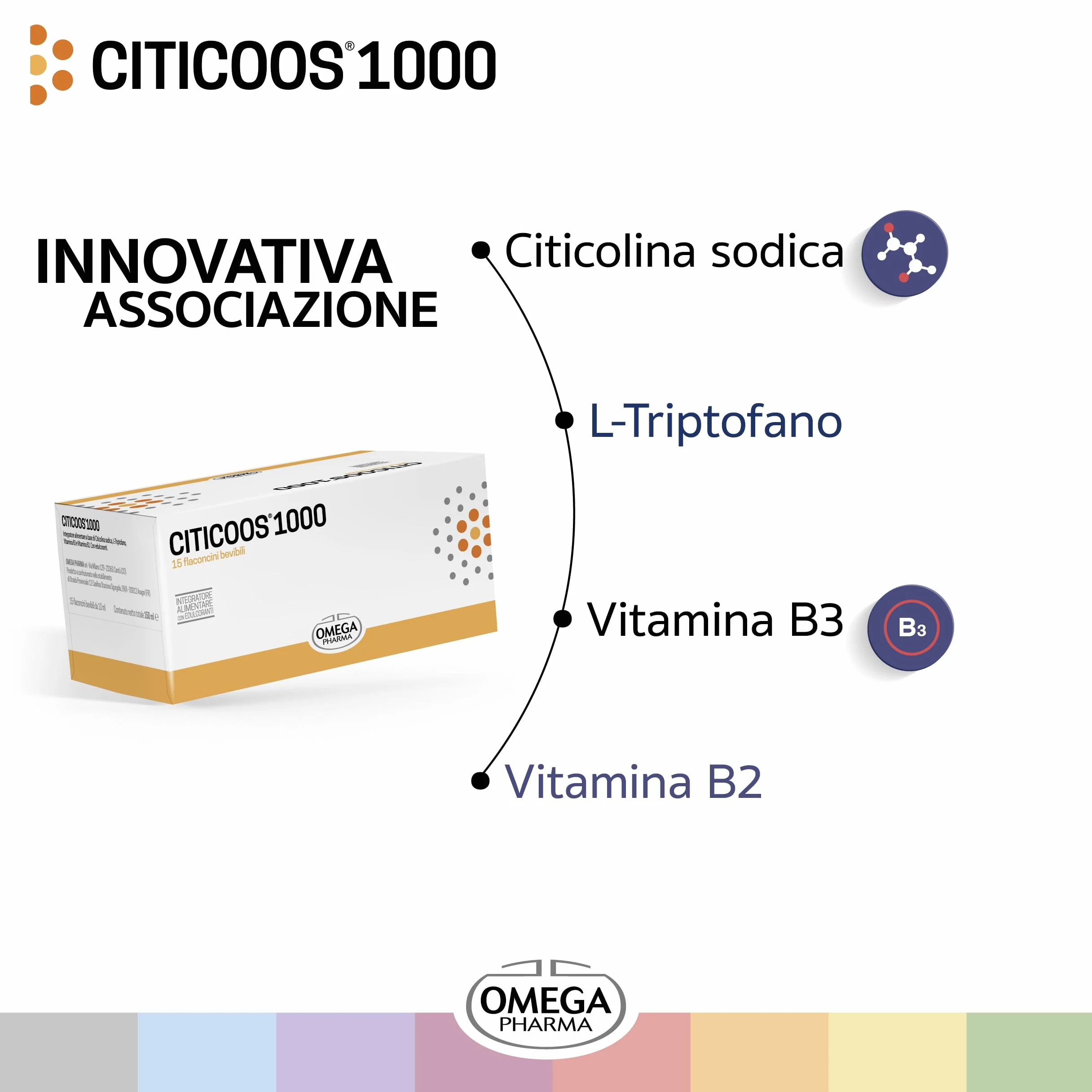 Omega Pharma Citicoos 1000 Citicolina Sodica 1 g Vitamine B3 B2 L-Triptofano 15 Flaconcini
