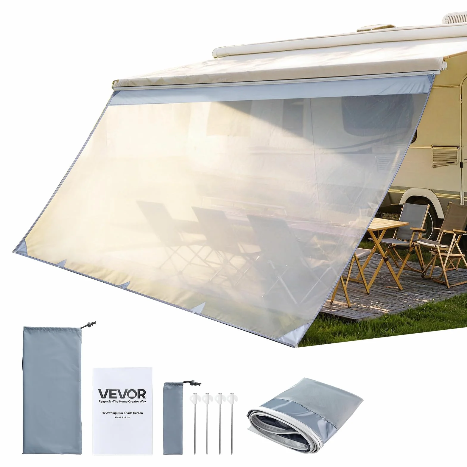 VEVOR Pannello Laterale Frangisole in Poliestere Trasparente Parete Frontale per Camper Roulotte 2x4,3m Compatibile per Tenda da Sole 4,5m
