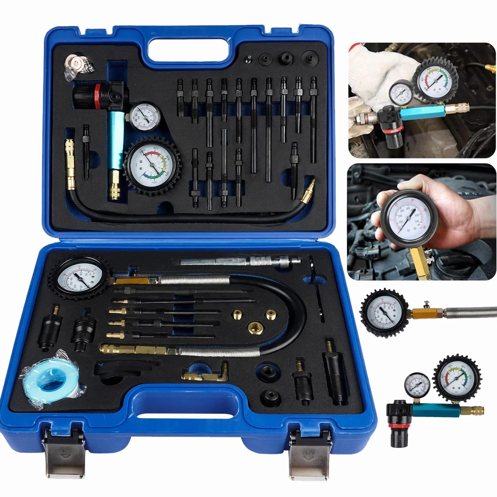 46 Pezzi Tester di Compressione Professionale, Tester di Perdita di Pressione per Motori Diesel e Benzina (blue)
