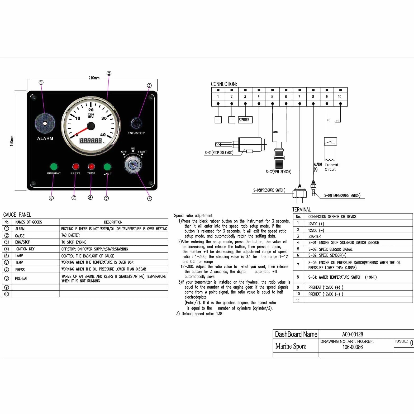 Quadro Strumenti per Barca Impermeabile IP67 con Contagiri - Multifunzione - 4000 Giri/min - Arresto Motori Accensione ON OFF - Allarme Temperatura acqua. (12V)