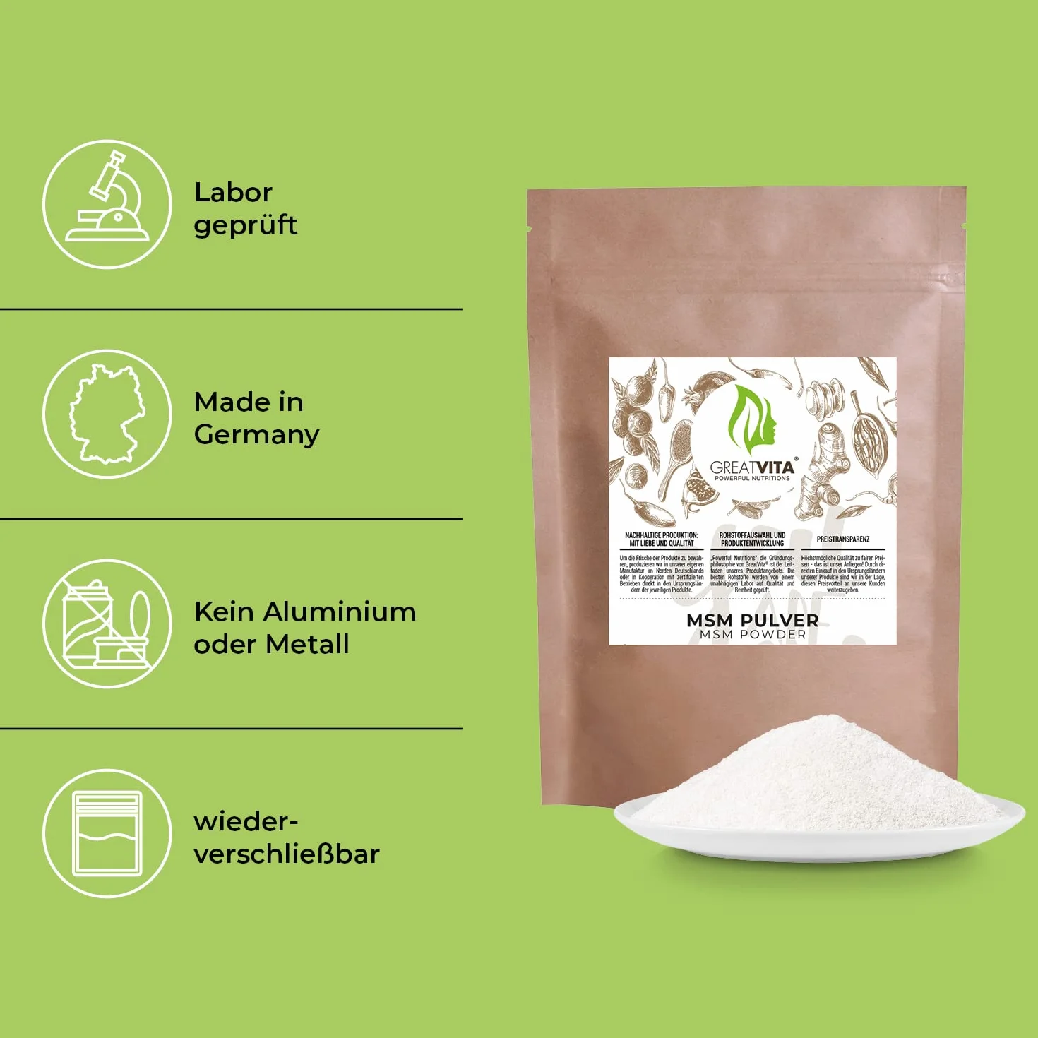 GreatVita MSM Polvere 400 g 99,9% metilsulfonilmetano polvere di zolfo organico senza additivi senza glutine nonOGM