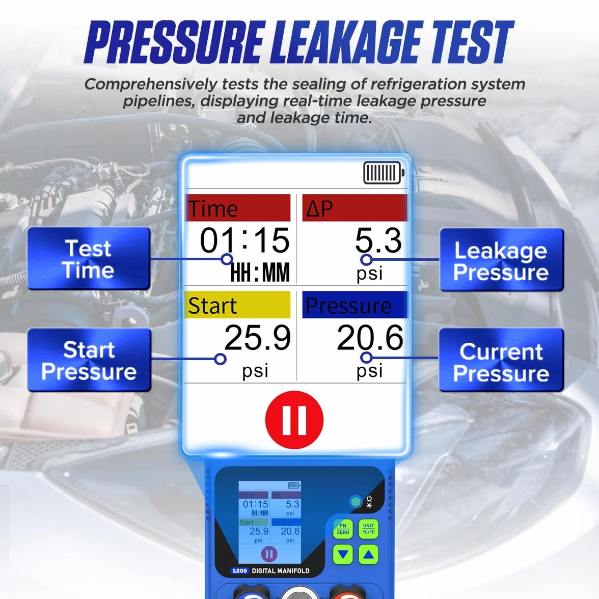 PLAYOCCAR HVAC Indicatori 92 tipi di kit di manometri digitali del refrigerante con TFT LCD, doppio test di pressione,Kit di ricarica del refrigerante Manometro per aria condizionata sottovuoto