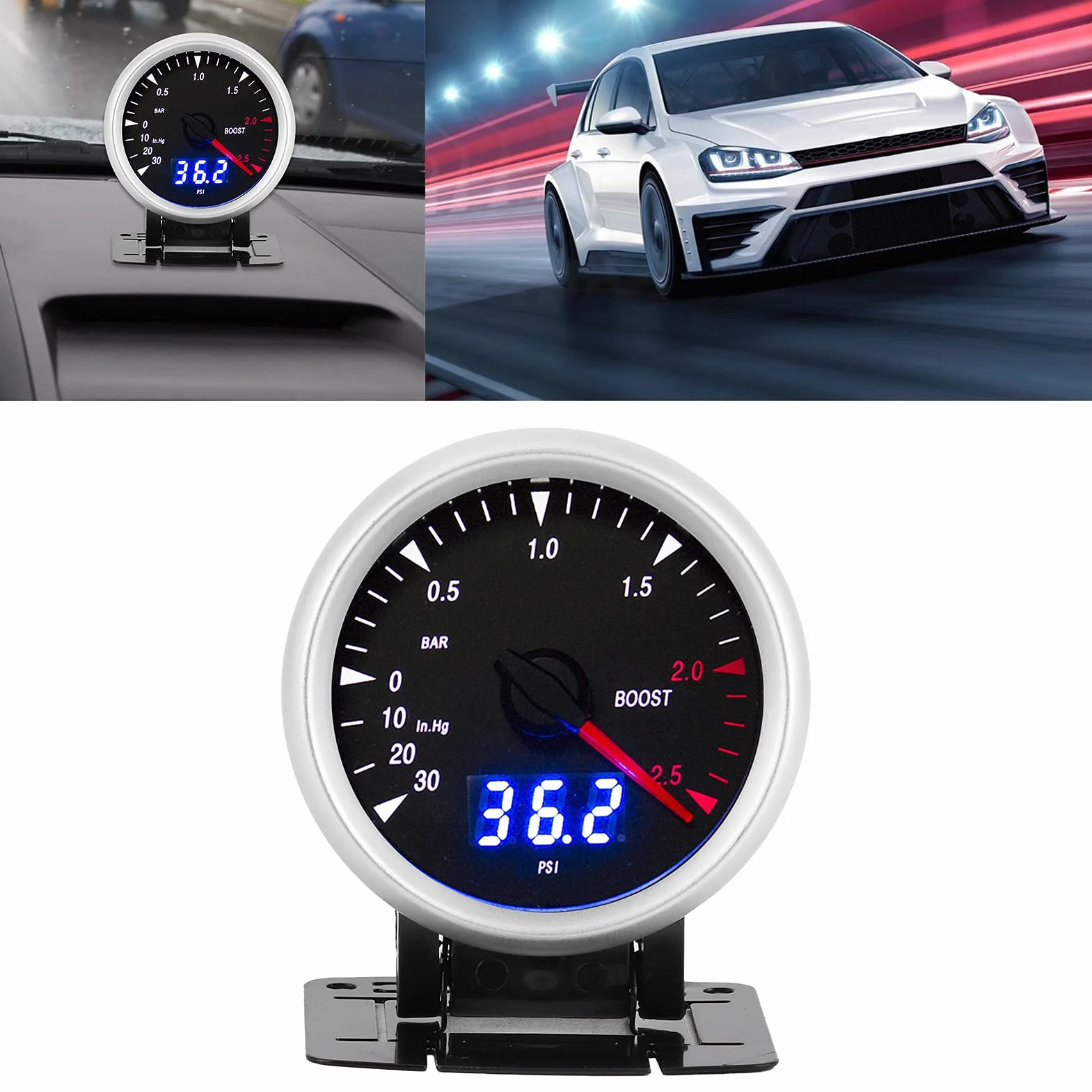 aqxreight - Manometro Turbo, 60 Mm / 2,5 Pollici 12V Indicatore Turbo Boost per Auto LED Universale -30-2,5 BAR Controllo Indicatore LED