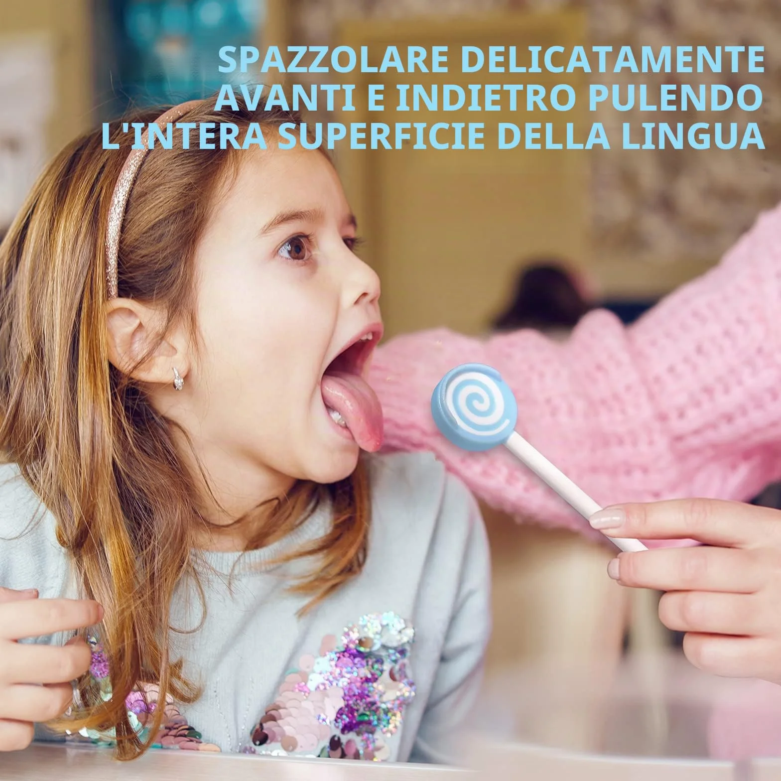Spazzola per la pulizia della lingua a forma di lecca-lecca per bambini, raschietto lingua, 2 pezzi, rosa, azzurro cielo