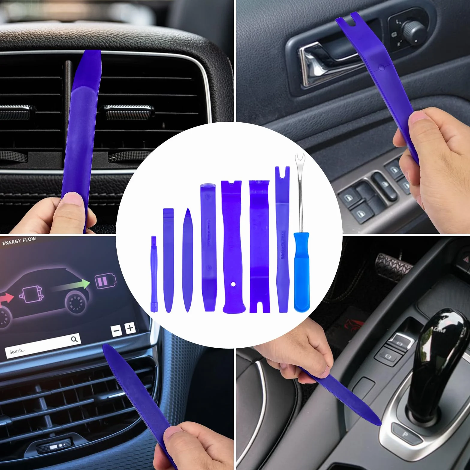 Fousenuk 8 Pezzi Kit Smontaggio Pannelli Auto Blu, Leve Refit Set Smontaggio Auto, Strumento di Rimozione Interno Auto Universale, Cunei in Plastica Leve Refit per Auto Porta Pannello Radio Cruscotto