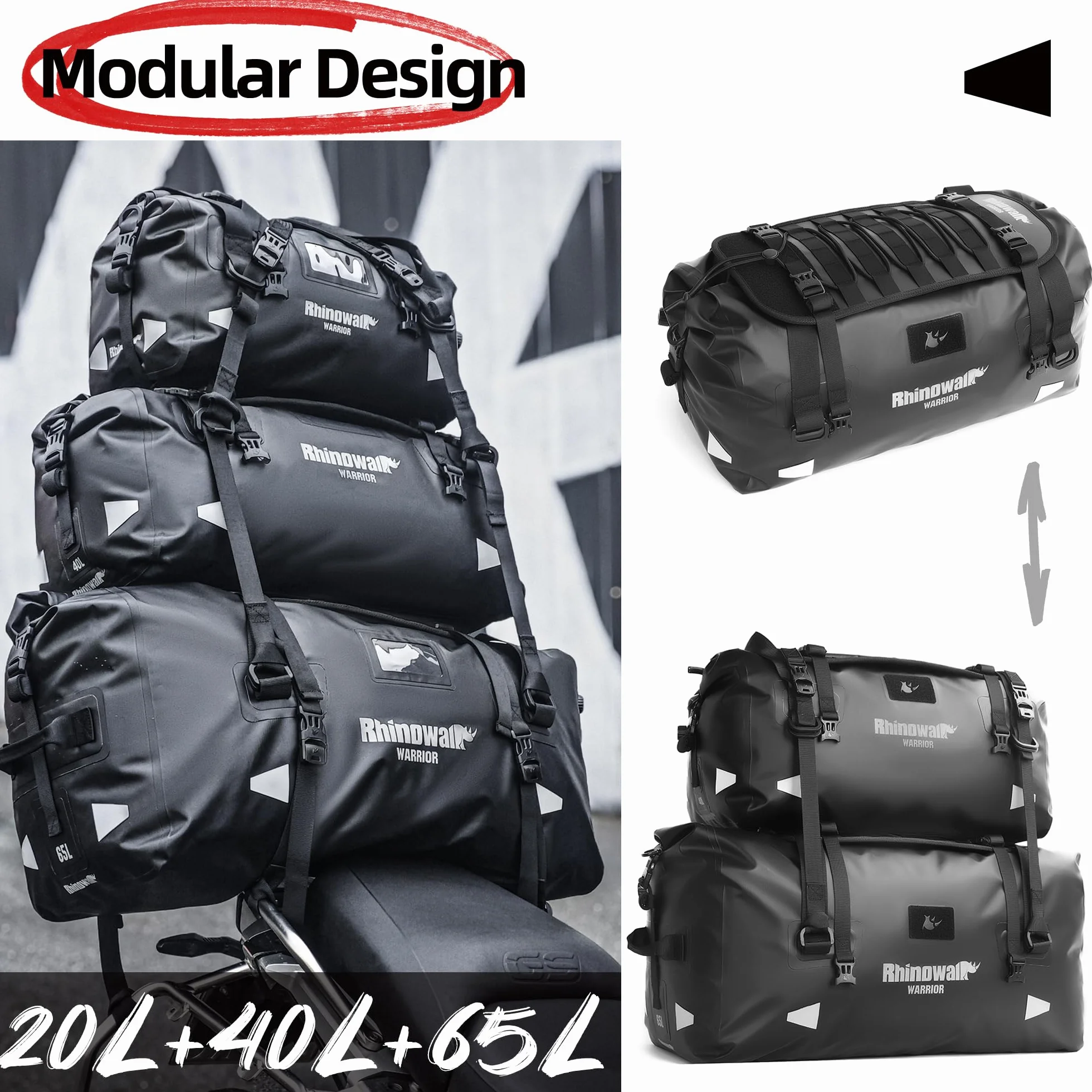 Rhinowalk Borsa da sella per moto 65L impermeabile con espansione MOLLE