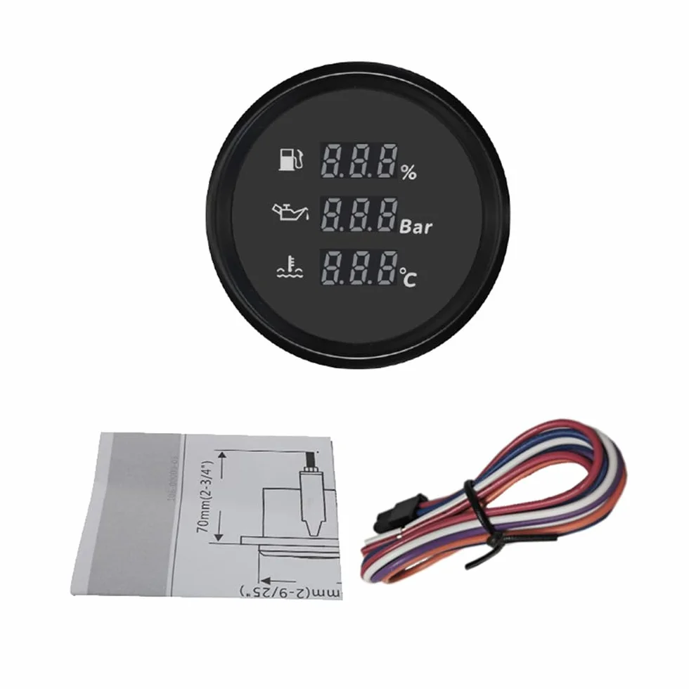ELING Misuratore digitale multifunzione da 52 mm con indicatore di livello del serbatoio del carburante, pressione dell'olio, indicatore della temperatura dell'acqua 12 V 24 V con retroilluminazione a