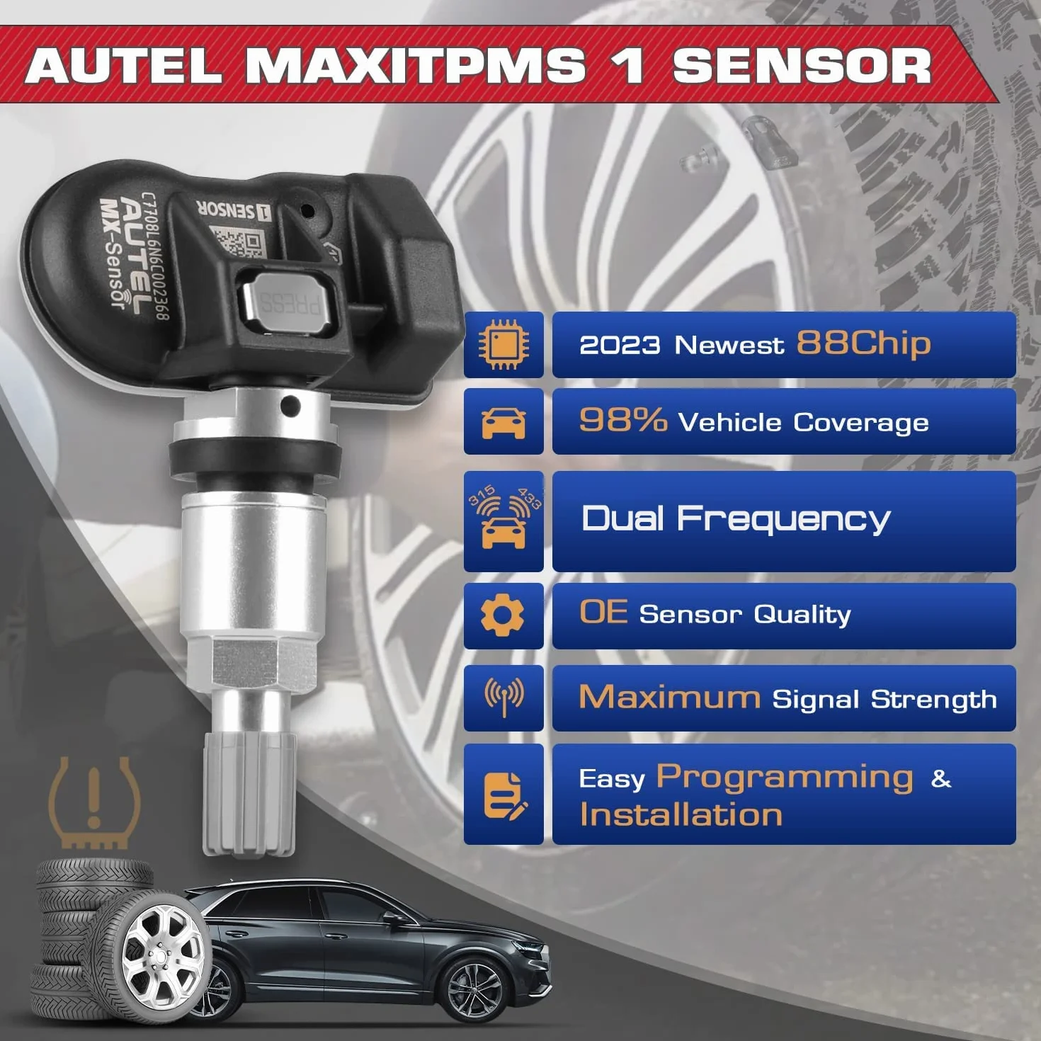 Autel TPMS Sostituzione Pneumatico a Doppia Frequenza per Tutte Automobili, Sensore OE Identicamente Costruito 100%, Valvola Metallo, 4 Pezzi