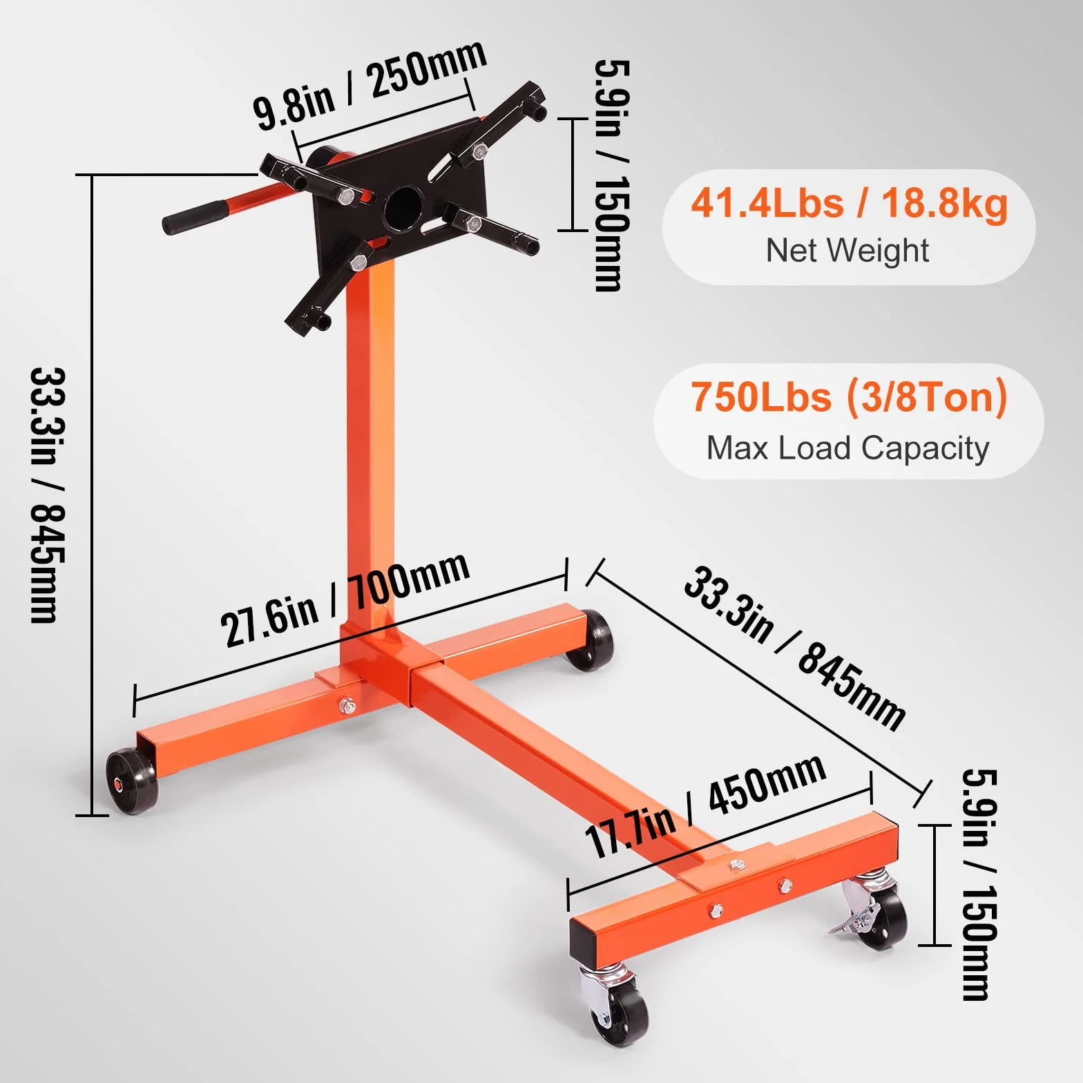 VEVOR Cavalletto di Supporto per Motori Portata 340kg con Ruote Freni Base a H Bracci Girevoli 360°