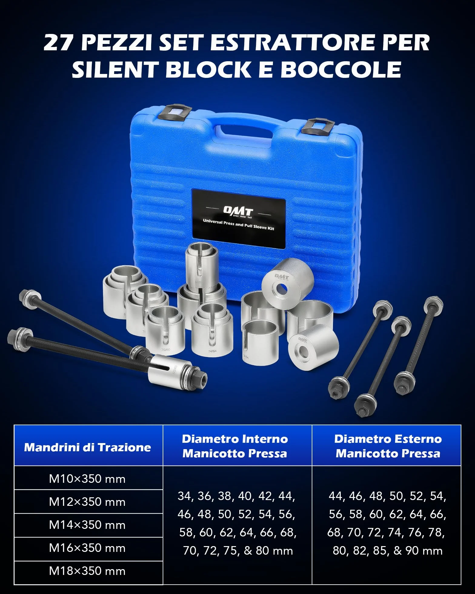 Orion Motor Tech 27 Pezzi Set Estrattore Silent Block Boccole con 22 Manicotti Pressatura 5 Mandrini Dadi Kit Rimozione Boccole Cuscinetti Tenuta Auto Camion