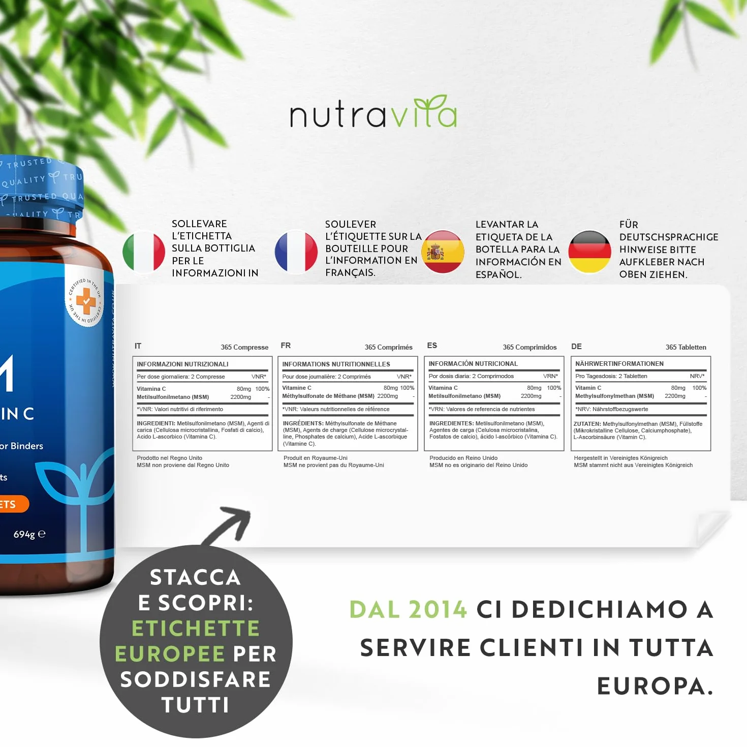 Nutravita MSM 2200mg Vitamina C 365 Compresse Vegane Metilsulfonilmetano 80mg