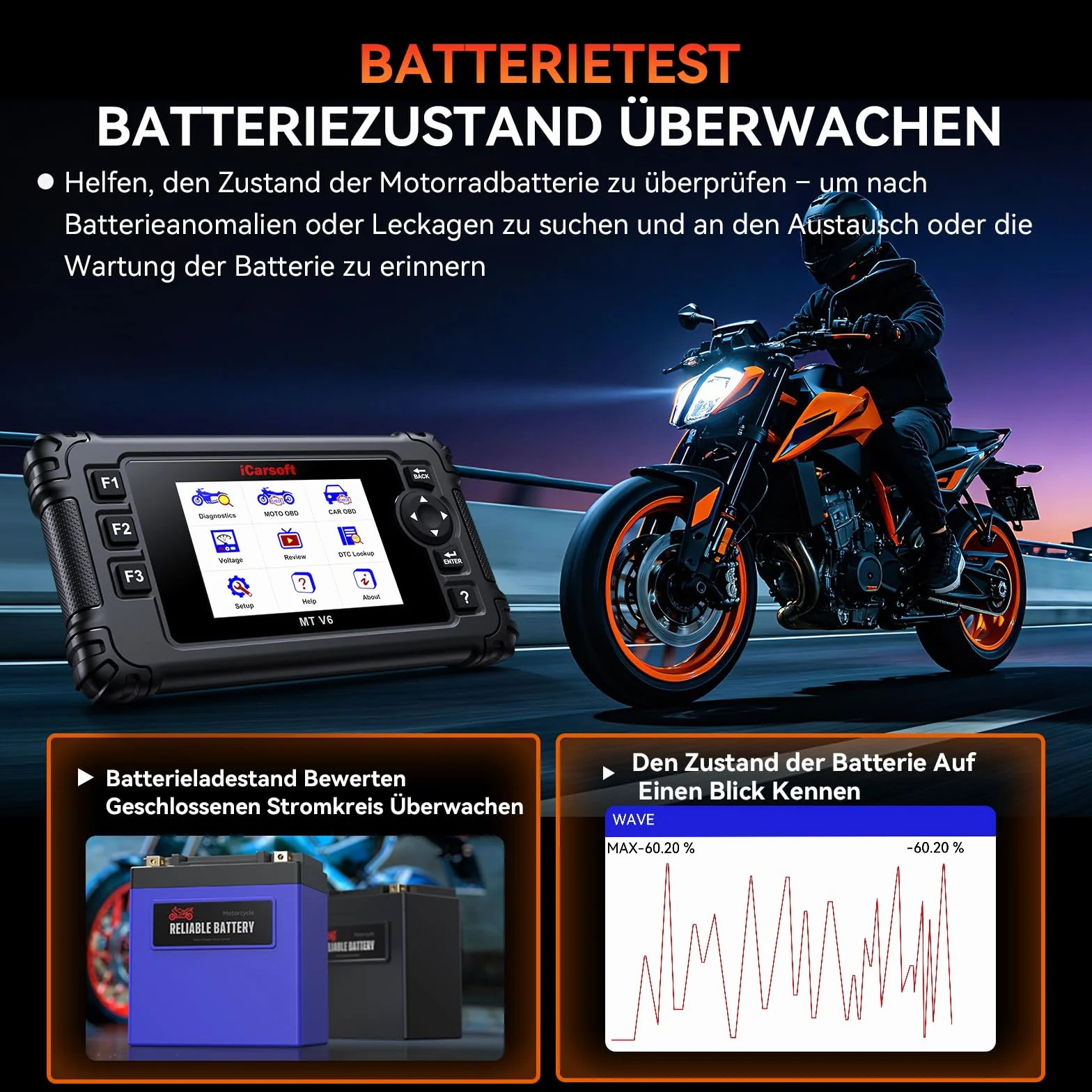 iCarsoft MT V6 Scanner OBD2 Diagnostica Moto KTM, 88 Servizi Manutenzione, 108 Test Attuatori, Test Batteria