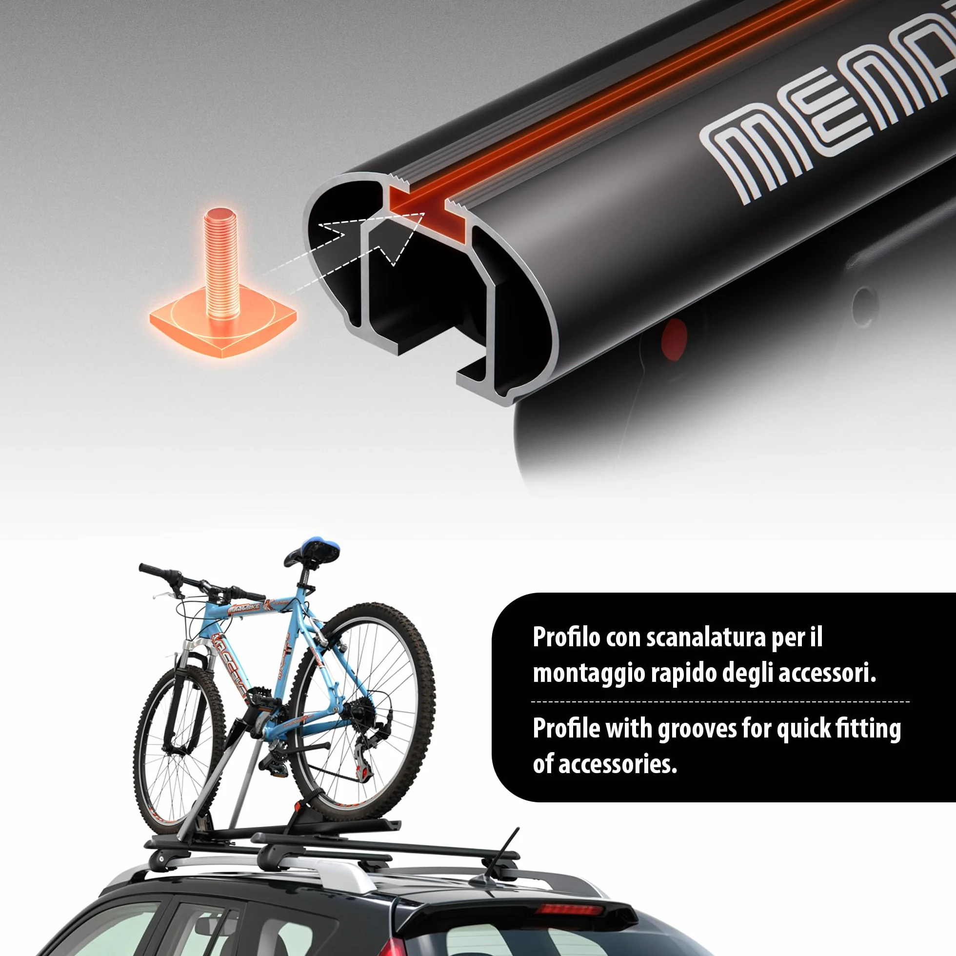 MENABO EAGLE Barre Portatutto da Tetto in Alluminio 120 cm 90 kg T-Slot 14 mm Nero