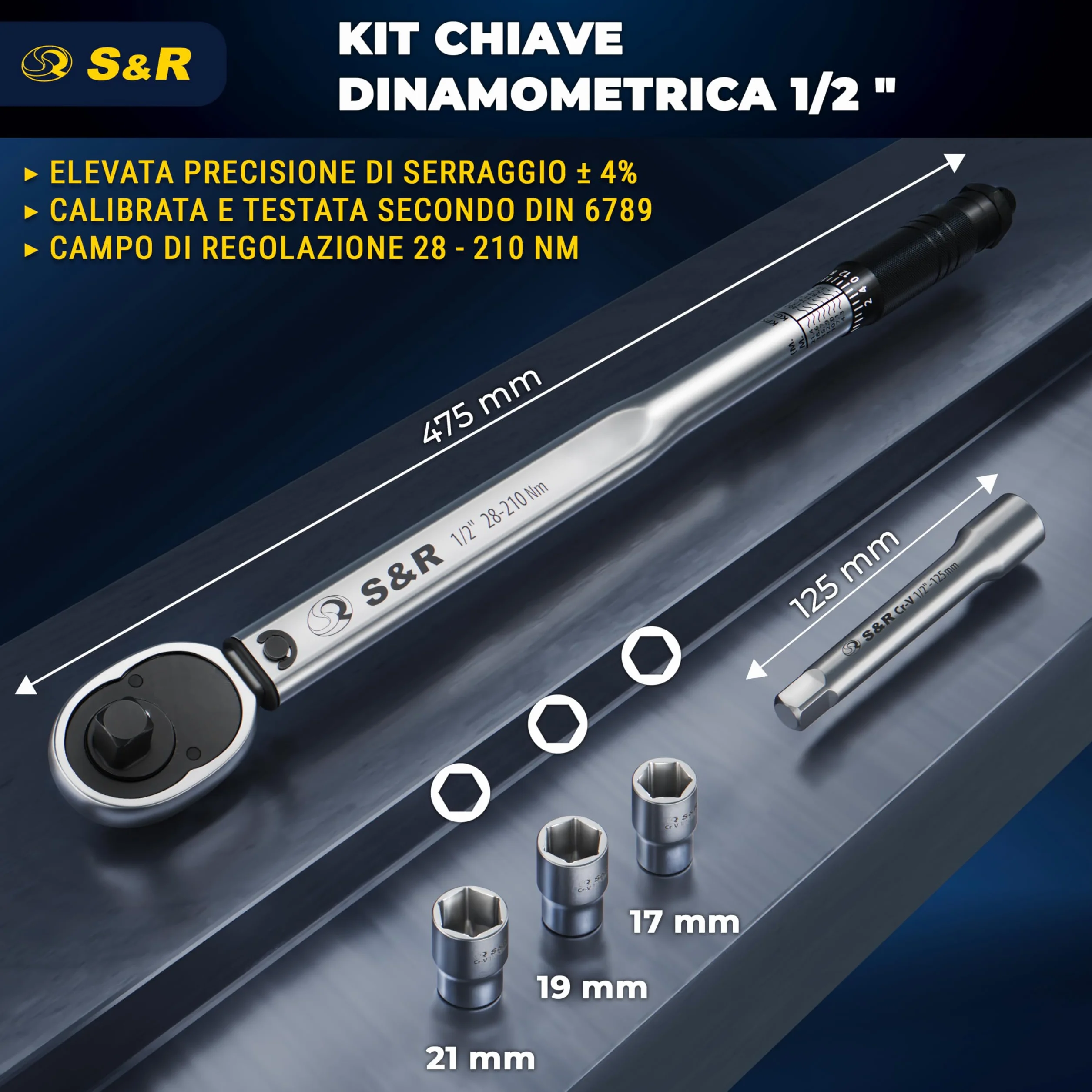 S&R Chiave Dinamometrica 1/2 28-210 Nm Set Professionale con Prolunga e Bussole 17-21mm