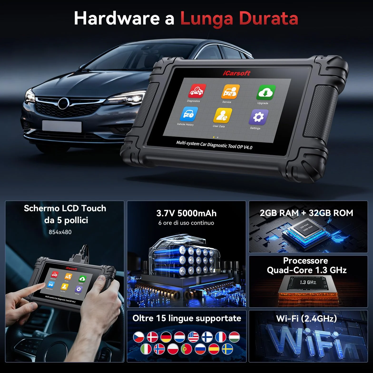 iCarsoft OP V4.0 OBD2 Diagnostica Auto Professionale per Opel/Vauxhall, 34 Servizi, Test Bidirezionale, WiFi