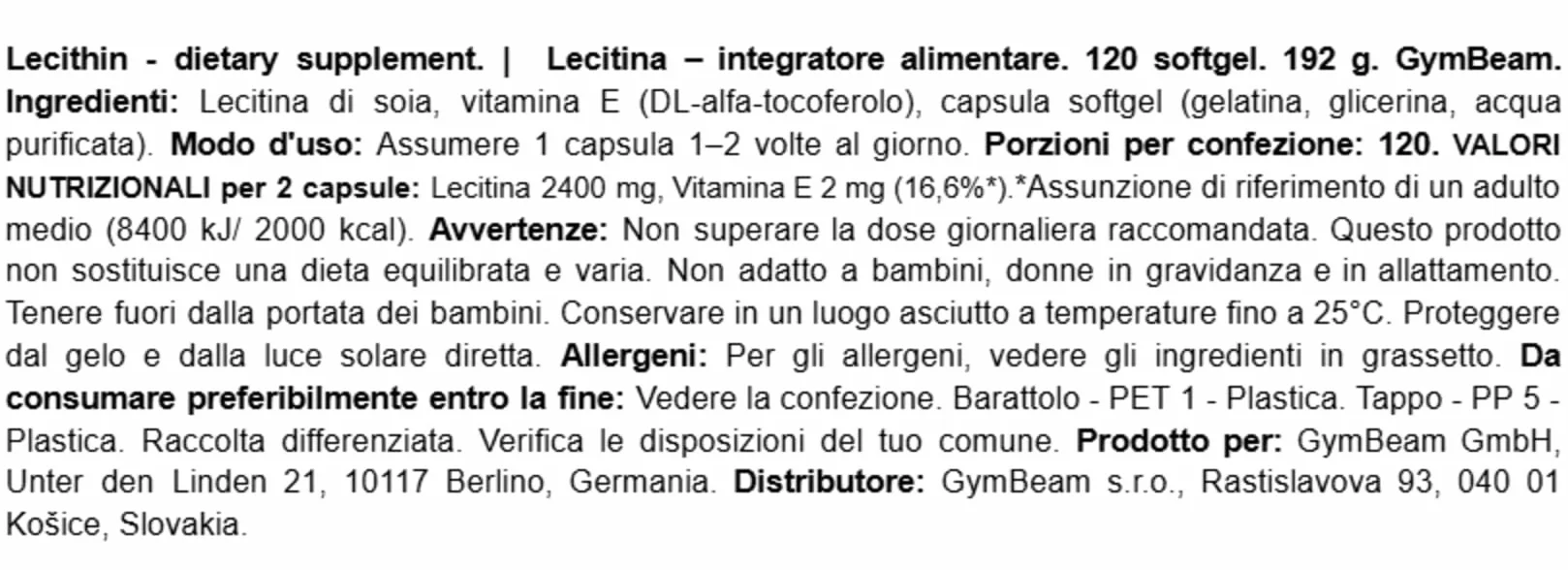 GymBeam Lecitina di Soia in Capsule 1200 mg, Fonte di Colina e Fosfolipidi, Ricca di Acidi Grassi Oleico e Linoleico, 120 cps